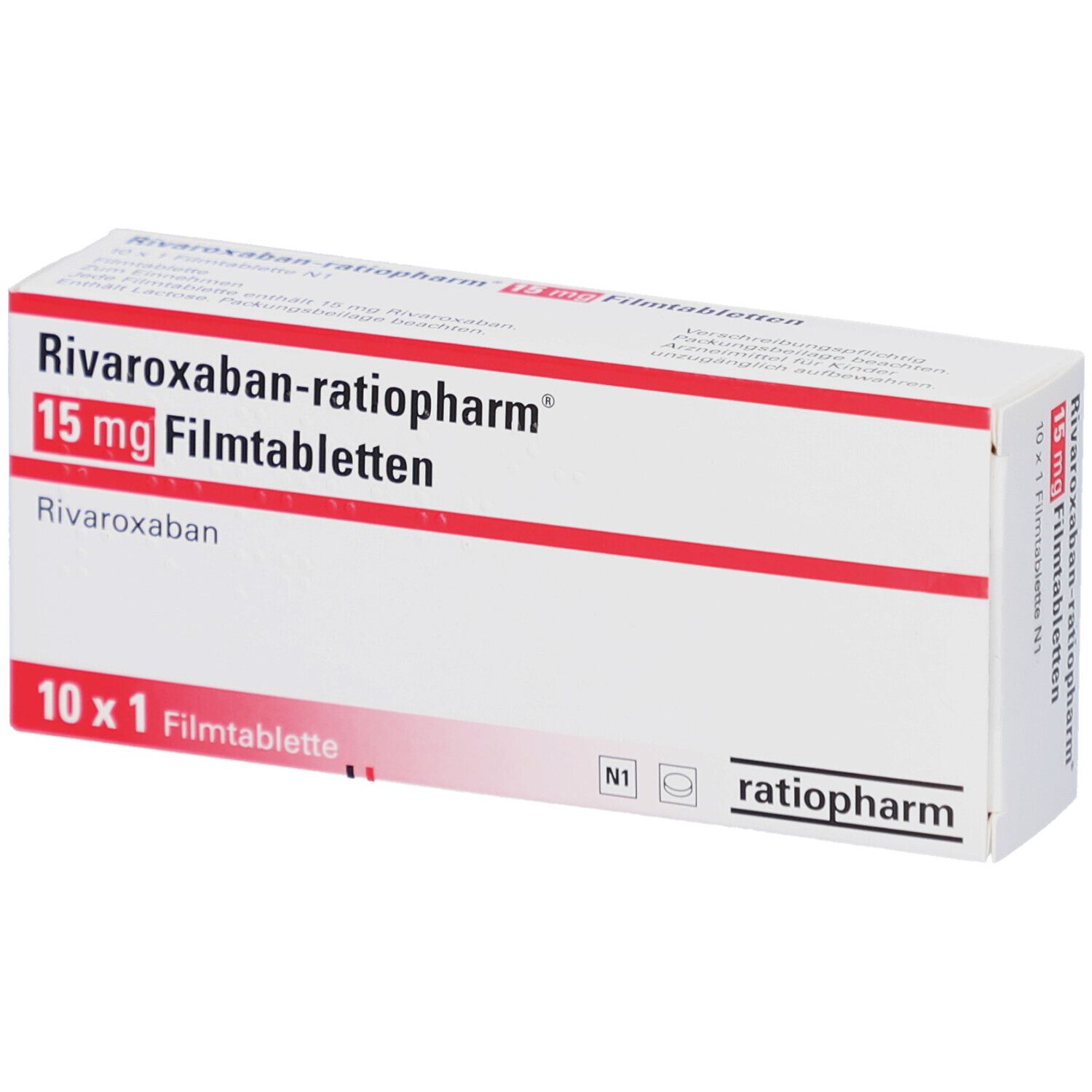 Schachtel mit RIVAROXABAN-ratiopharm 15 mg Filmtabletten. Aufschrift: 10 x 1 Filmtablette. Marke: ratiopharm.