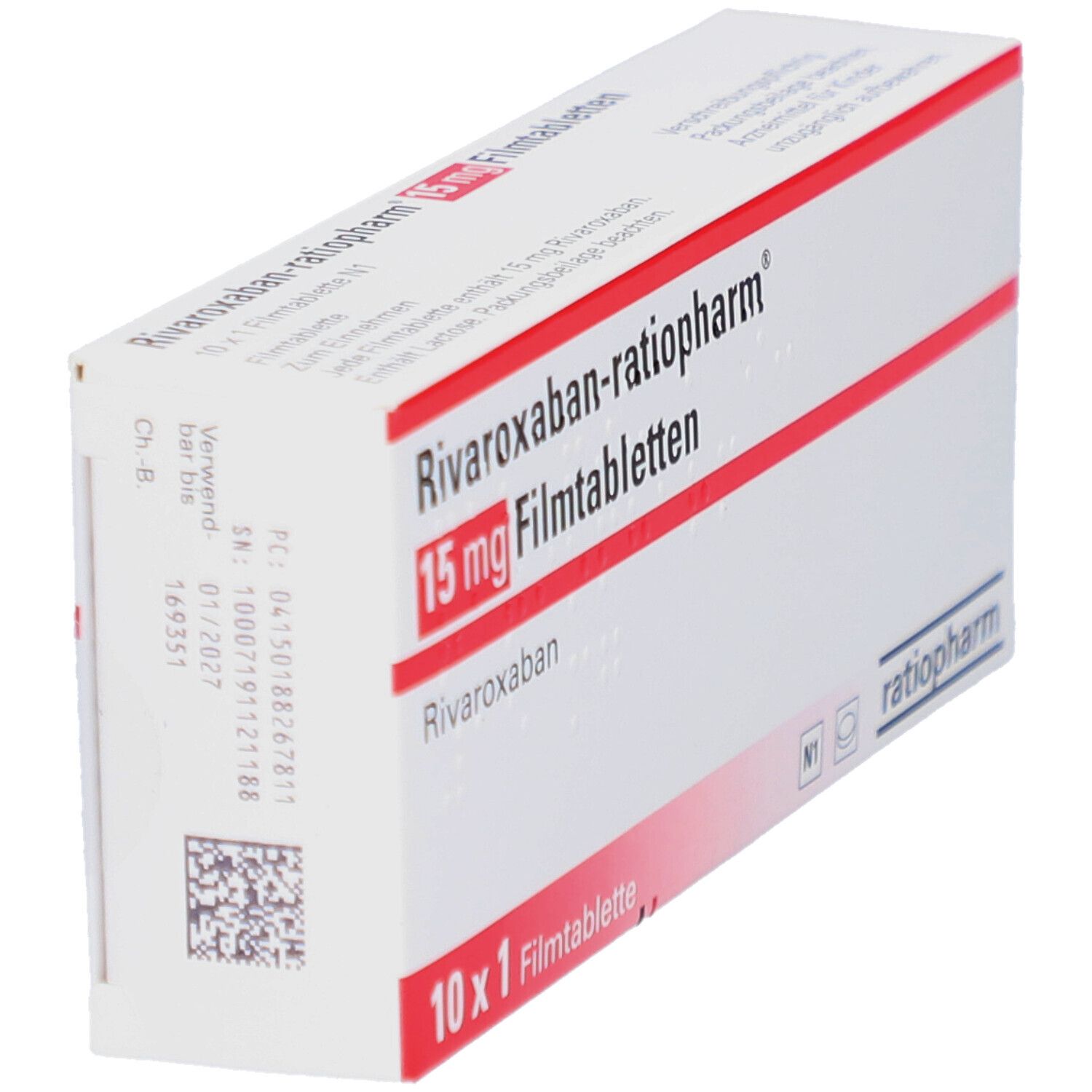 Schachtel mit RIVAROXABAN-ratiopharm 15 mg Filmtabletten. Aufschrift: 10 x 1 Filmtablette. Marke: ratiopharm.