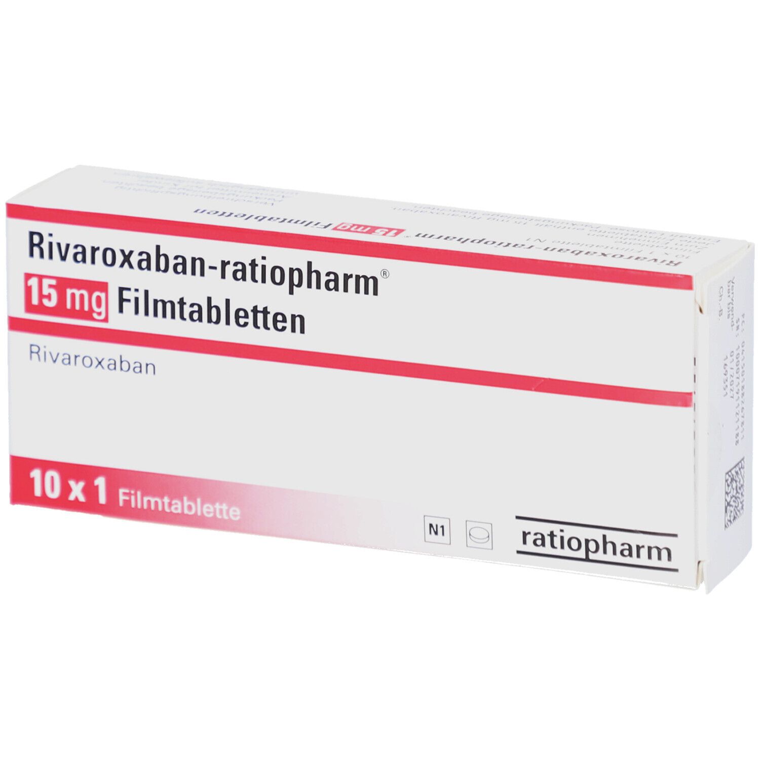 Schachtel mit RIVAROXABAN-ratiopharm 15 mg Filmtabletten. Aufschrift: 10 x 1 Filmtablette. Marke: ratiopharm.