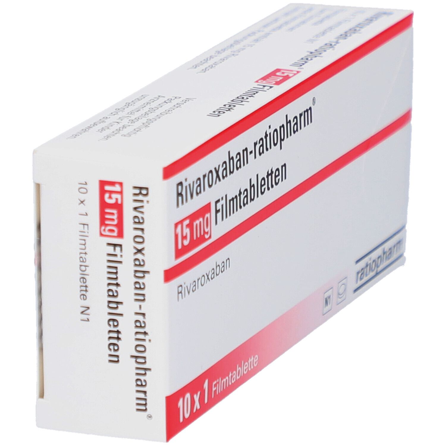 Schachtel mit RIVAROXABAN-ratiopharm 15 mg Filmtabletten. Aufschrift: 10 x 1 Filmtablette. Marke: ratiopharm.