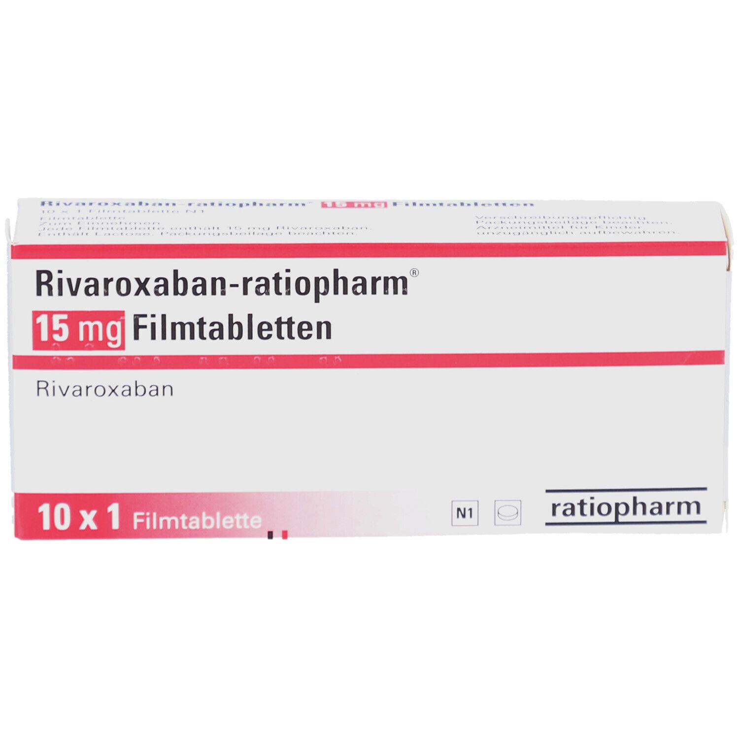 Schachtel mit RIVAROXABAN-ratiopharm 15 mg Filmtabletten. Aufschrift: 10 x 1 Filmtablette. Marke: ratiopharm.