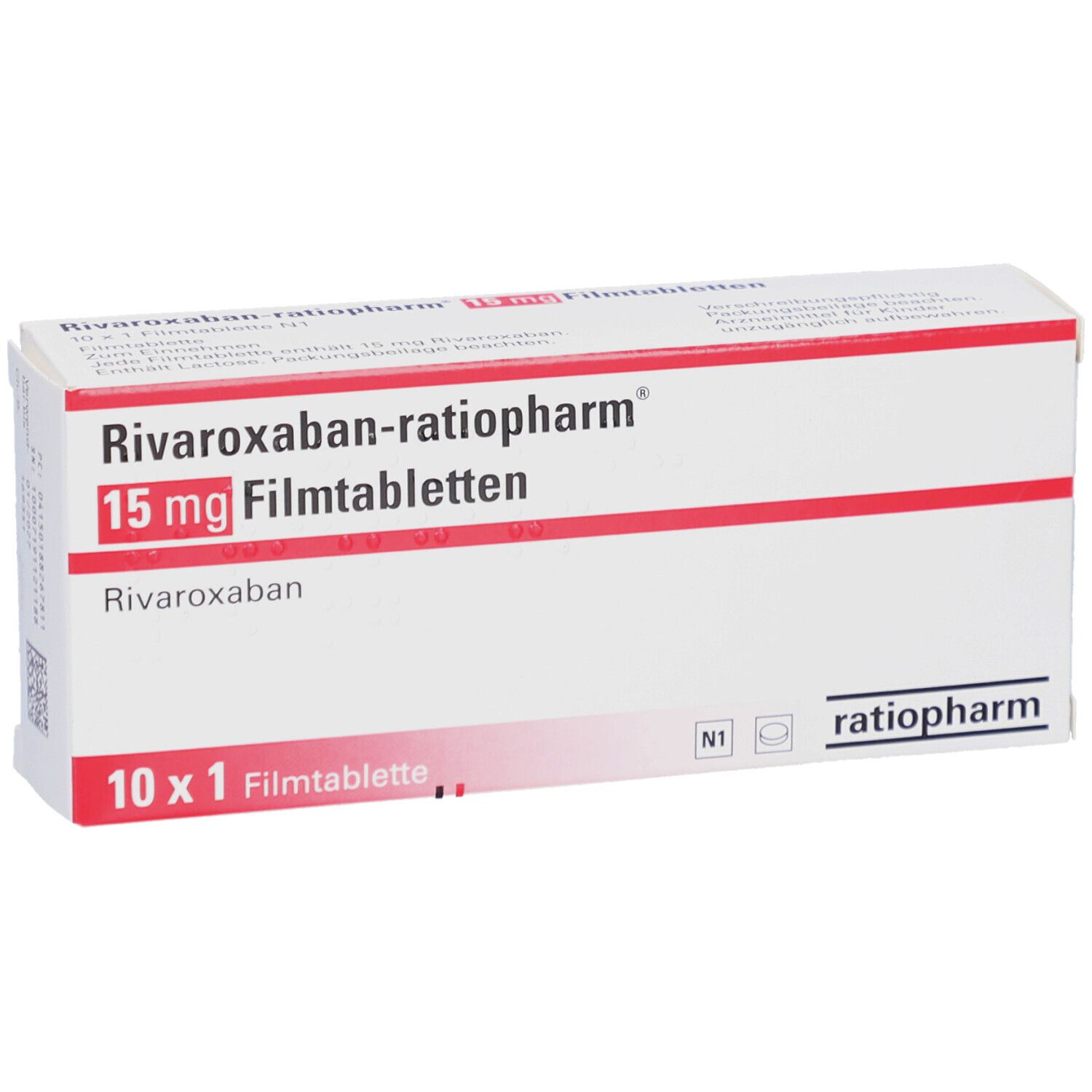 Schachtel mit RIVAROXABAN-ratiopharm 15 mg Filmtabletten. Aufschrift: 10 x 1 Filmtablette. Marke: ratiopharm.