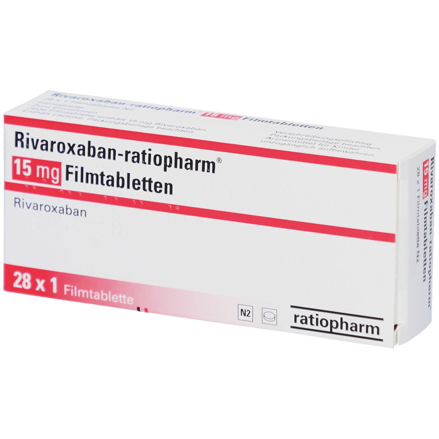 Schachtel RIVAROXABAN-ratiopharm 15 mg Filmtabletten. Weiß, rot, Schriftzug. 28 x 1 Filmtablette. Logo ratiopharm.