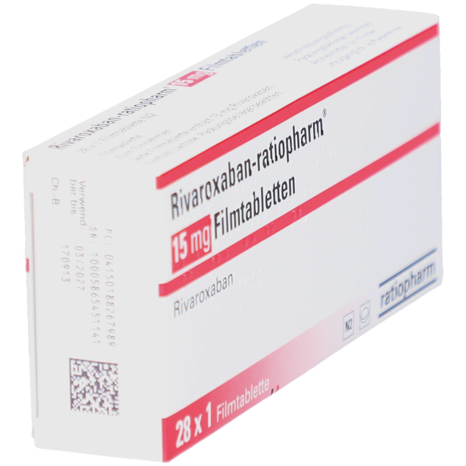Schachtel RIVAROXABAN-ratiopharm 15 mg Filmtabletten. Weiß, rot, Schriftzug. 28 x 1 Filmtablette. Logo ratiopharm.