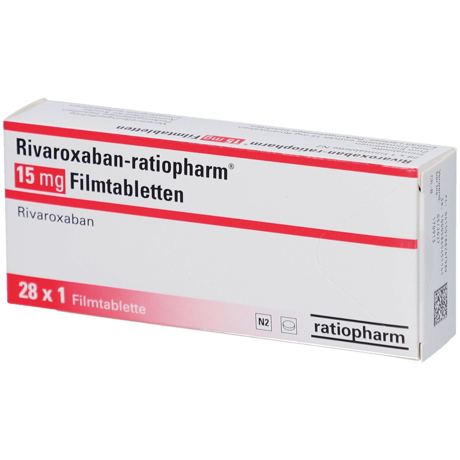 Schachtel RIVAROXABAN-ratiopharm 15 mg Filmtabletten. Weiß, rot, Schriftzug. 28 x 1 Filmtablette. Logo ratiopharm.