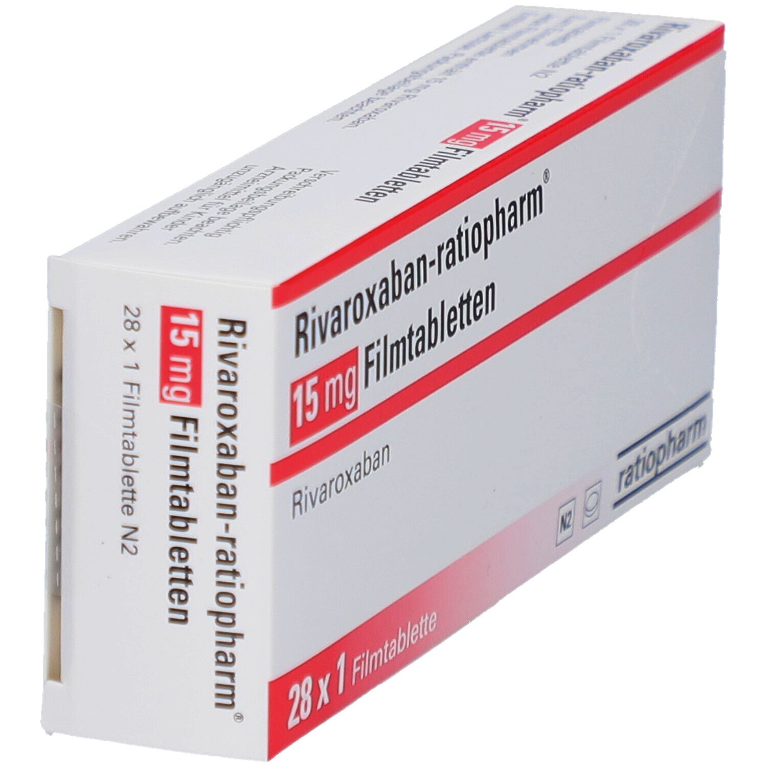 Schachtel RIVAROXABAN-ratiopharm 15 mg Filmtabletten. Weiß, rot, Schriftzug. 28 x 1 Filmtablette. Logo ratiopharm.