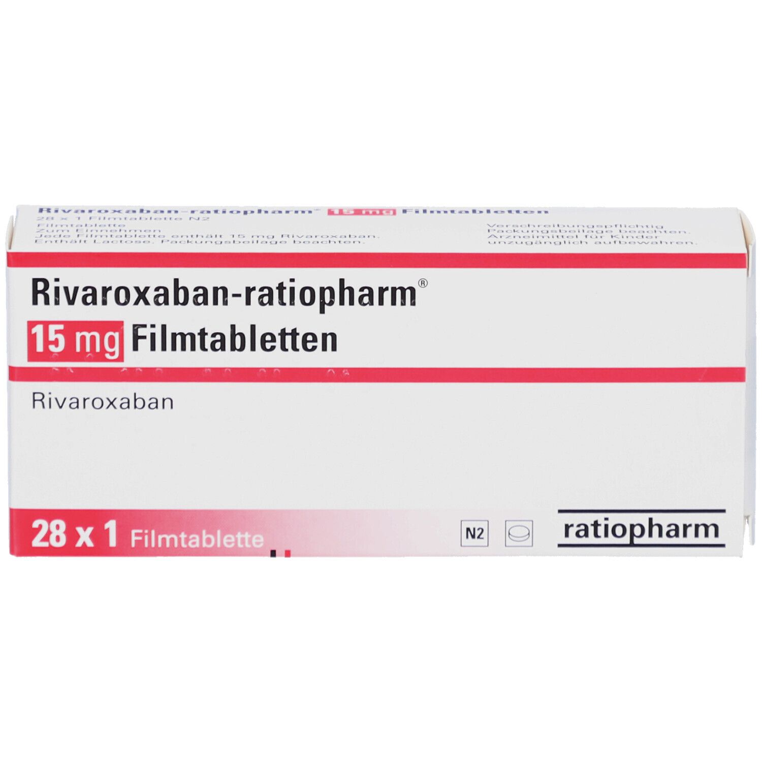 Schachtel RIVAROXABAN-ratiopharm 15 mg Filmtabletten. Weiß, rot, Schriftzug. 28 x 1 Filmtablette. Logo ratiopharm.
