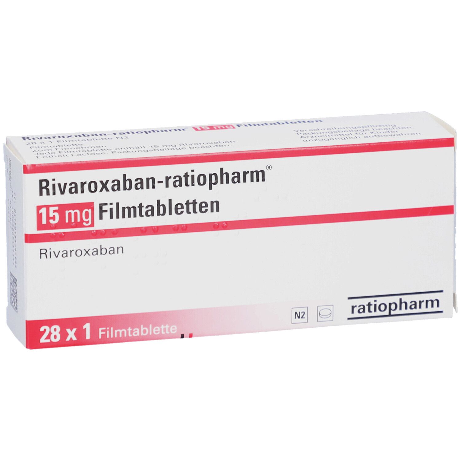 Schachtel RIVAROXABAN-ratiopharm 15 mg Filmtabletten. Weiß, rot, Schriftzug. 28 x 1 Filmtablette. Logo ratiopharm.