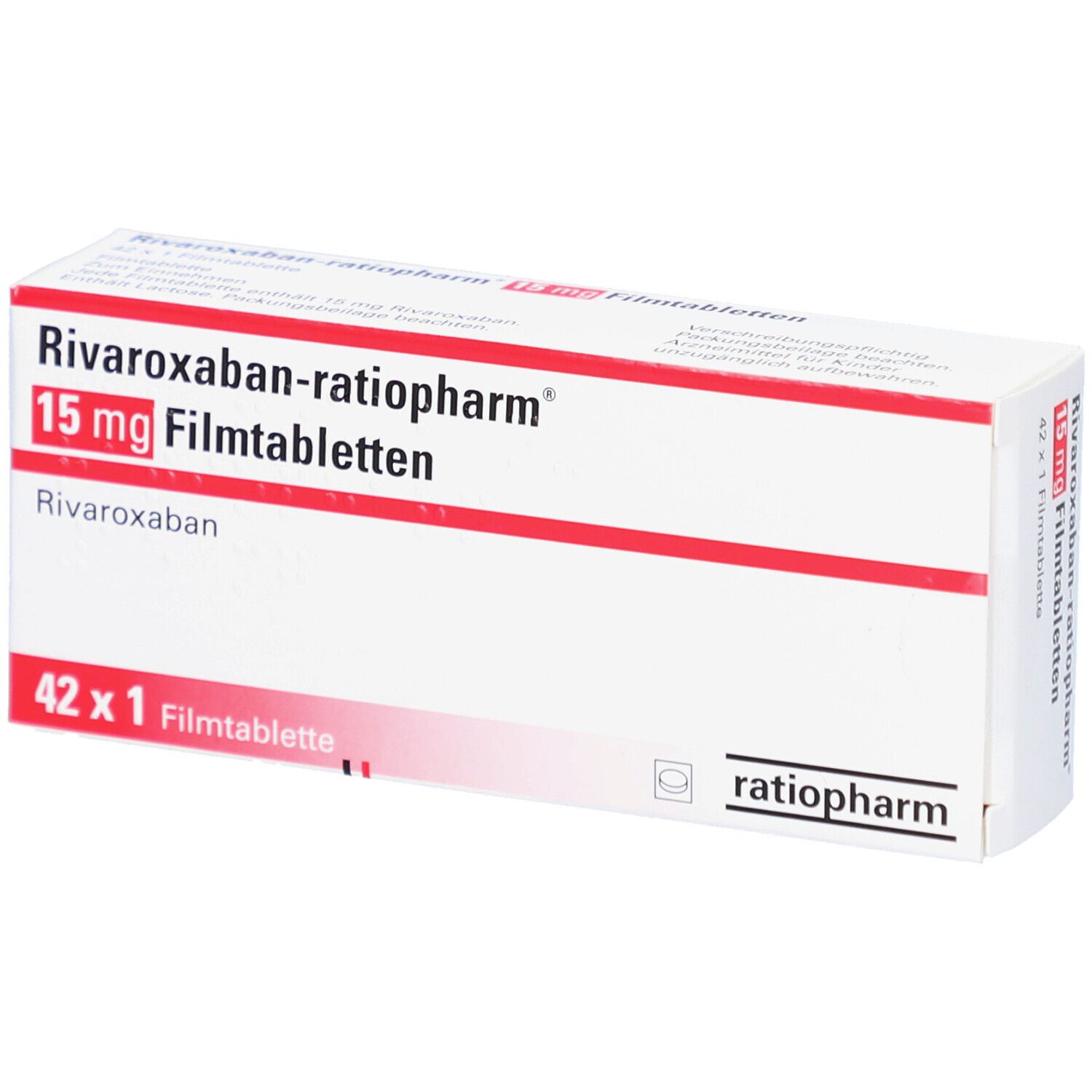 Schachtel mit RIVAROXABAN-ratiopharm 15 mg Filmtabletten. Weiße Schachtel mit roter Schrift und Logo.