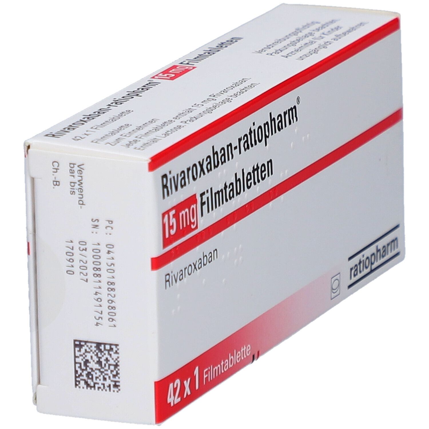 Schachtel RIVAROXABAN-ratiopharm 15 mg Filmtabletten. Weiße Schachtel, rote Schrift, Logo. Detailansicht.