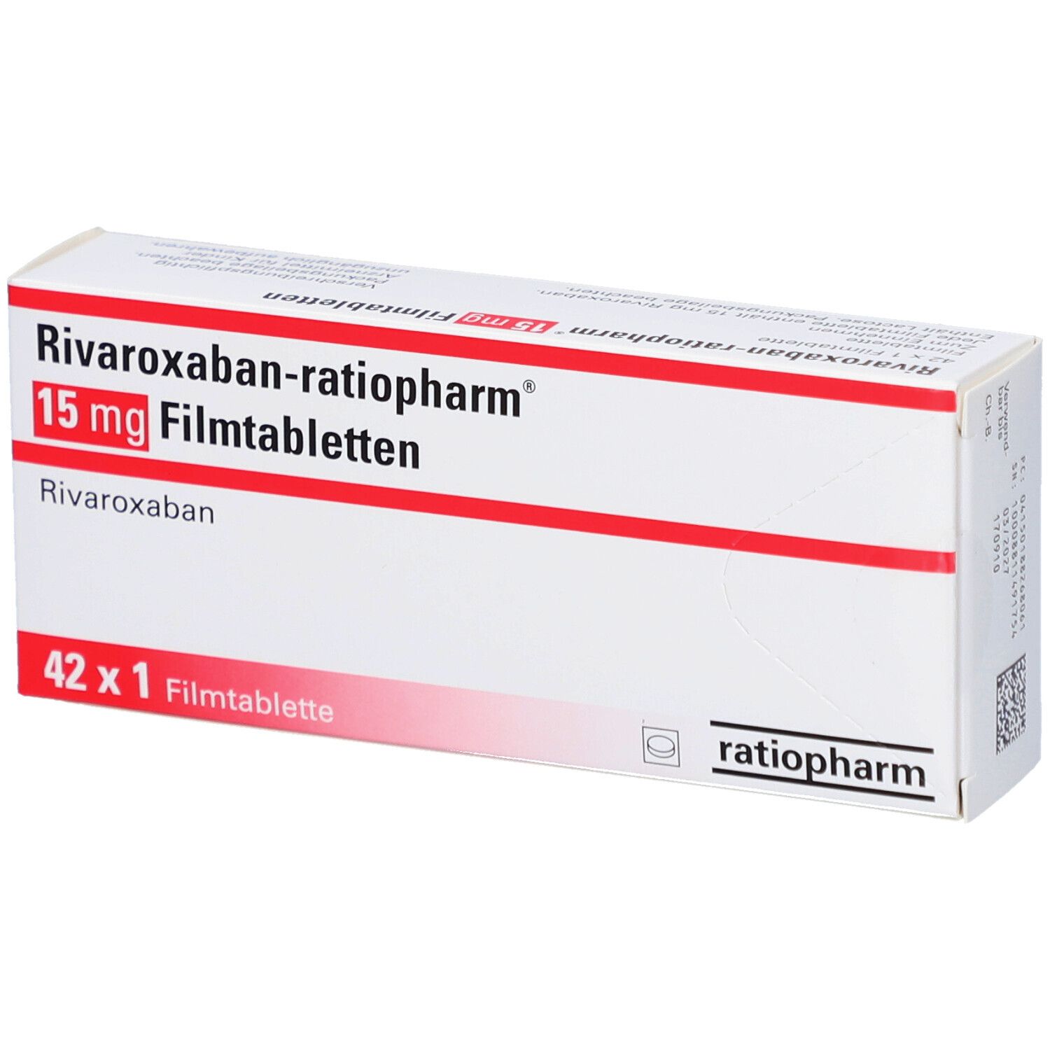 Schachtel RIVAROXABAN-ratiopharm 15 mg Filmtabletten. Weiße Schachtel mit roter Schrift und Logo.