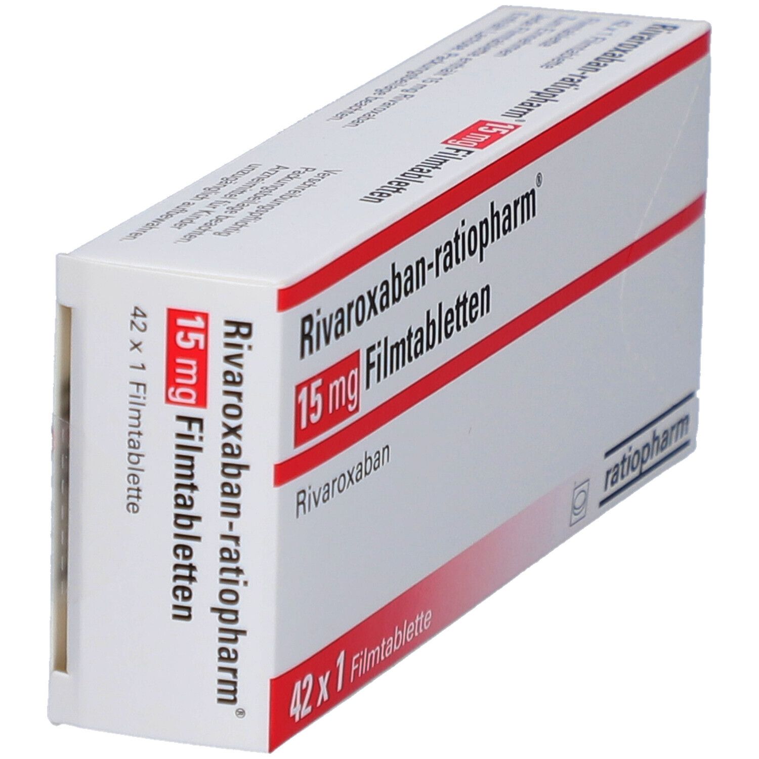 Schachtel RIVAROXABAN-ratiopharm 15 mg Filmtabletten. Weiße Schachtel, rote Schrift, Logo. Schrägansicht.
