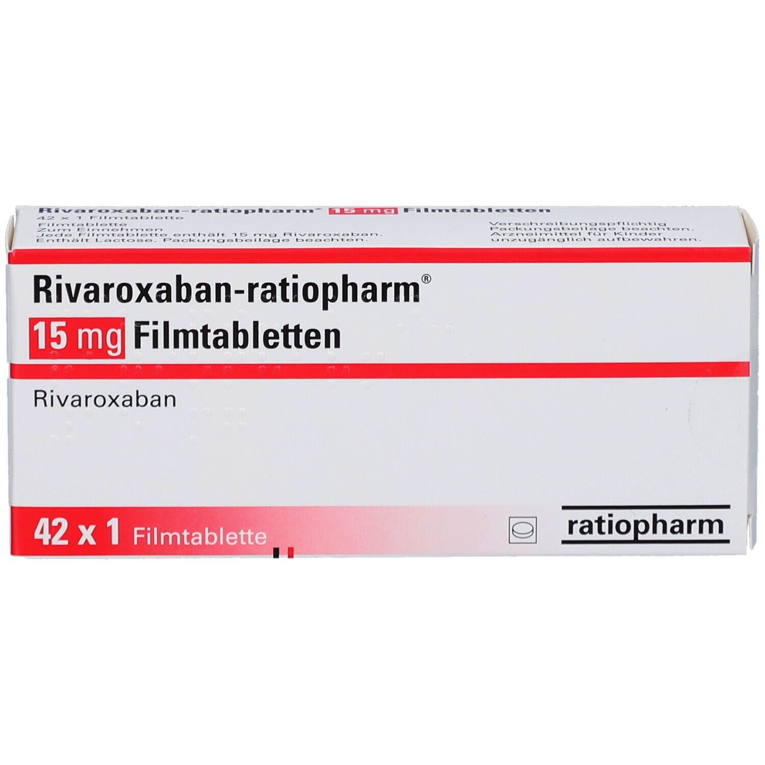 Schachtel RIVAROXABAN-ratiopharm 15 mg Filmtabletten. Weiße Schachtel, rote Schrift, Logo. Draufsicht.