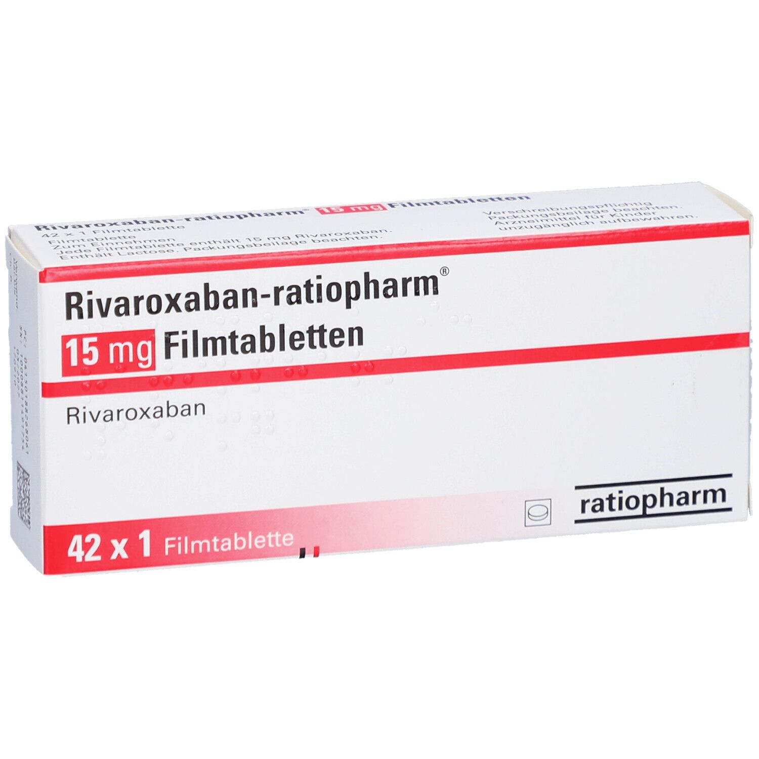 Schachtel RIVAROXABAN-ratiopharm 15 mg Filmtabletten. Weiße Schachtel, rote Schrift, Logo. Nahaufnahme.
