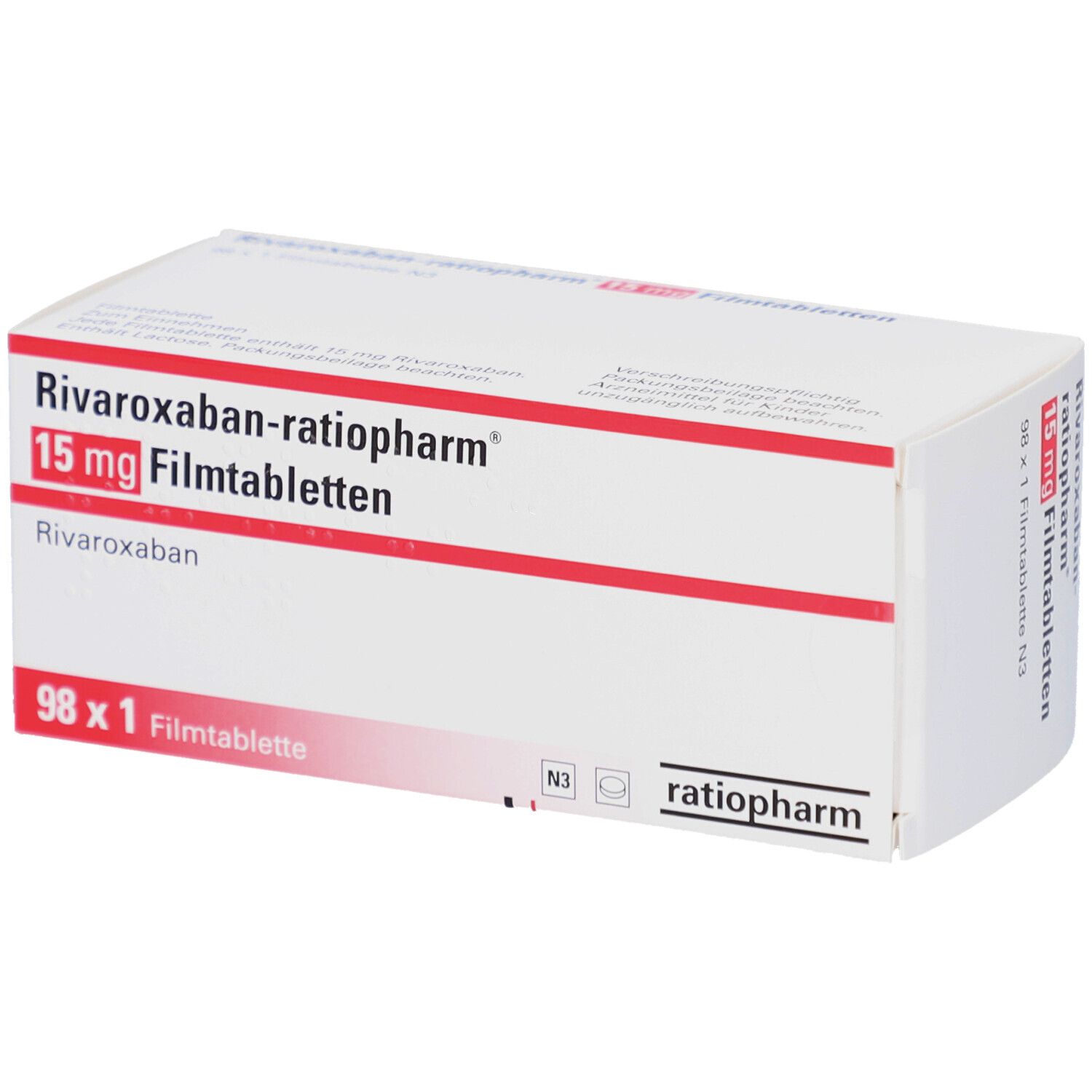 Schachtel mit RIVAROXABAN-ratiopharm 15 mg Filmtabletten. Weiße Schachtel mit roter Schrift. Enthält 98 Tabletten.