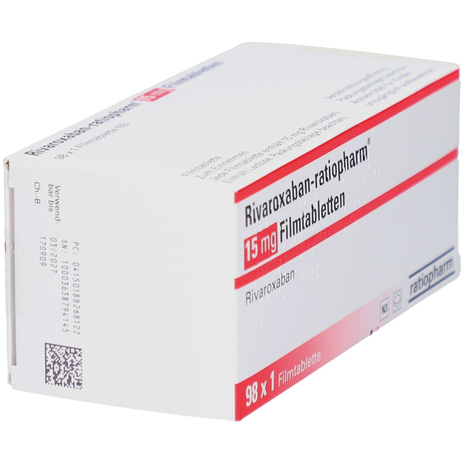 Schachtel RIVAROXABAN-ratiopharm 15 mg Filmtabletten. Weiße Schachtel mit roter Schrift. Enthält 98 Tabletten. QR-Code und Chargennummer.