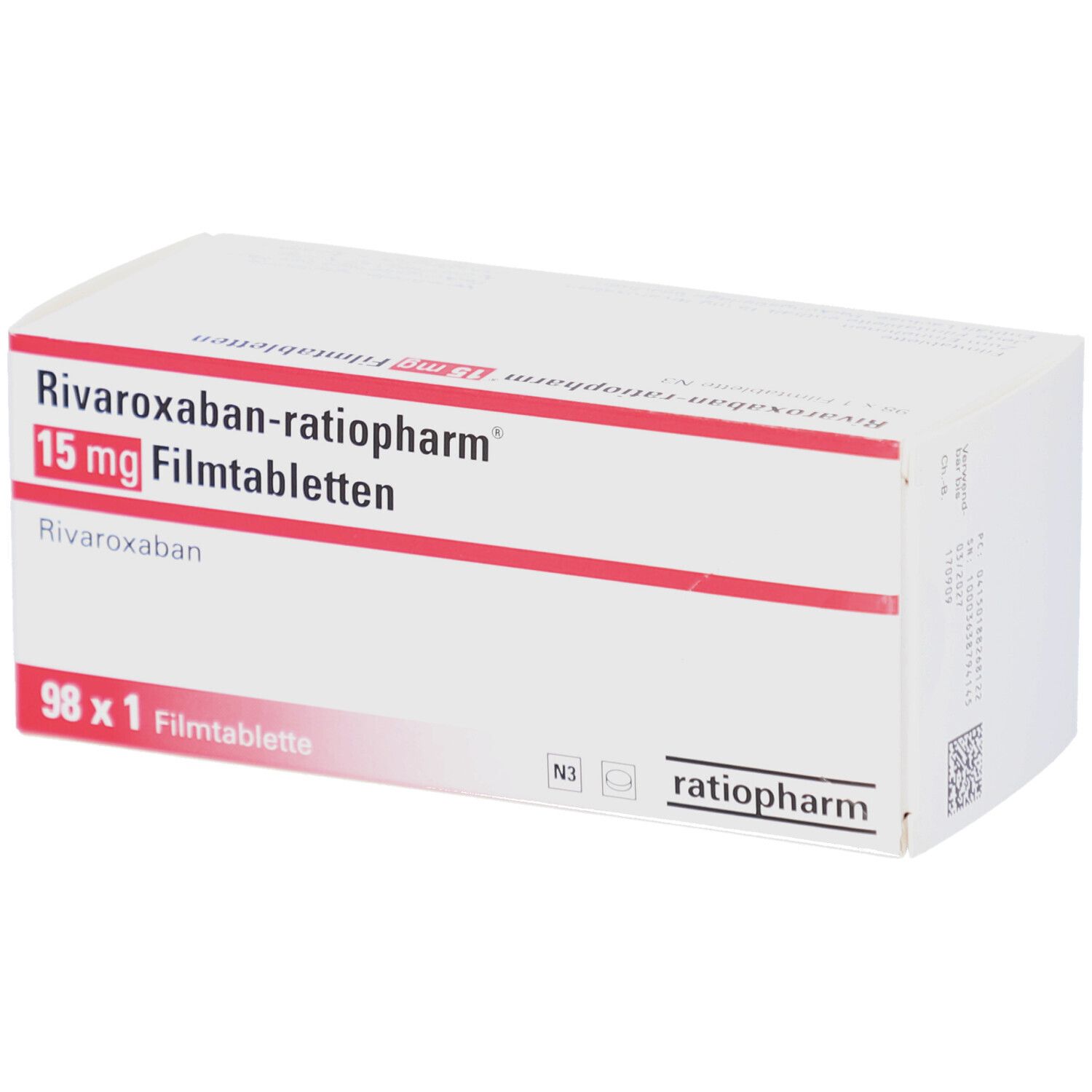 Schachtel mit RIVAROXABAN-ratiopharm 15 mg Filmtabletten. Weiße Schachtel mit roter Schrift. Enthält 98 Tabletten.