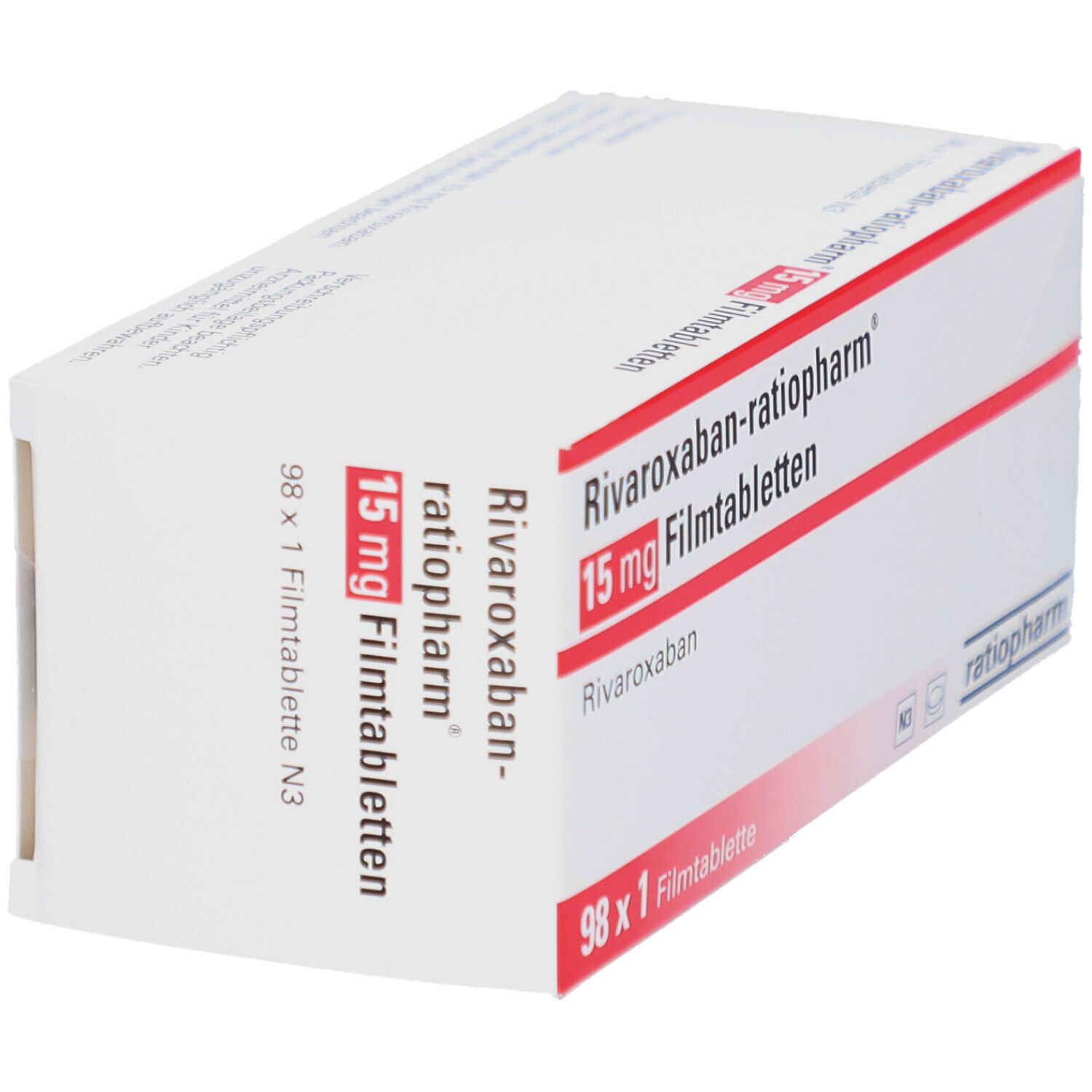 Schachtel RIVAROXABAN-ratiopharm 15 mg Filmtabletten. Weiße Schachtel mit roter Schrift. Enthält 98 Tabletten.