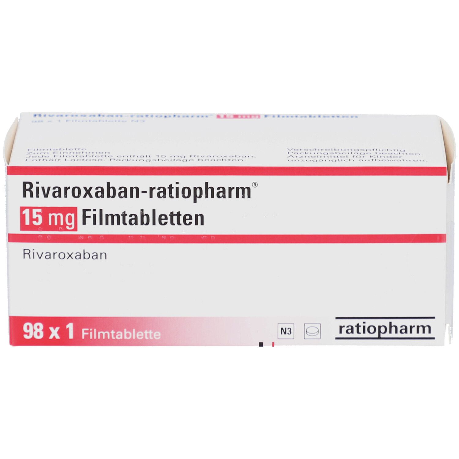 Schachtel mit RIVAROXABAN-ratiopharm 15 mg Filmtabletten. Weiße Schachtel mit roter Schrift. Enthält 98 Tabletten.