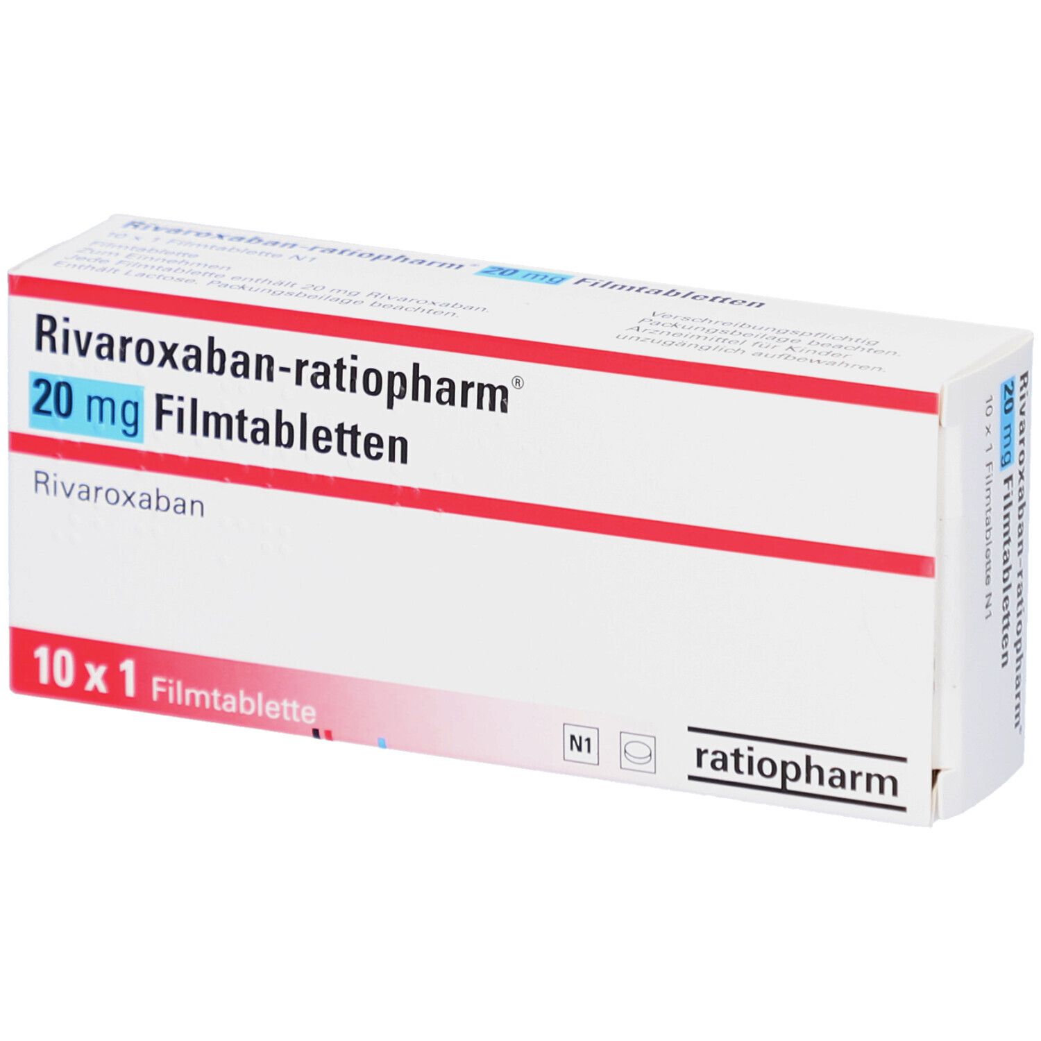 Verpackung von Rivaroxaban-ratiopharm 20 mg Filmtabletten. Weiße Schachtel mit roter und blauer Schrift. Enthält 10 Tabletten.
