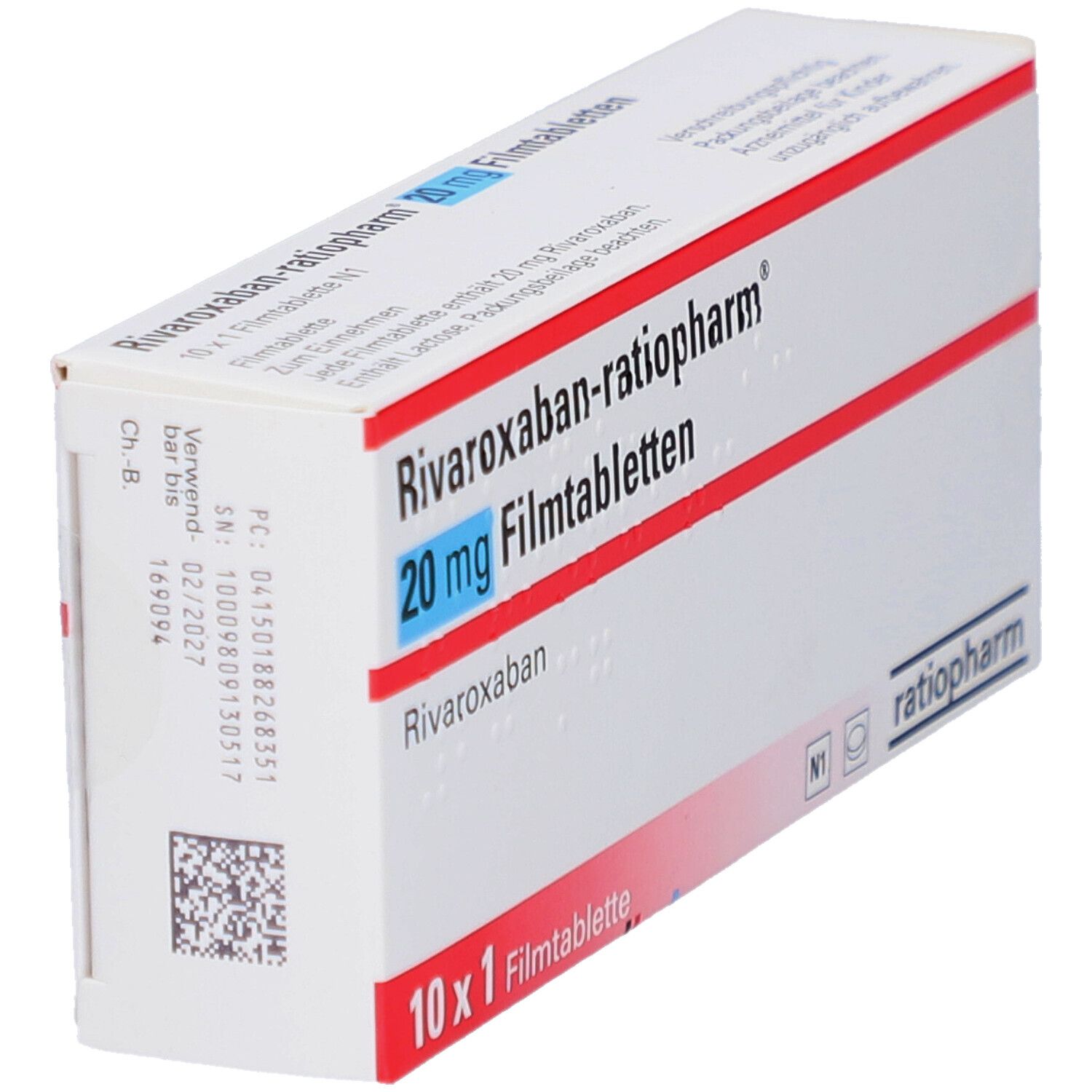Schachtel Rivaroxaban-ratiopharm 20 mg Filmtabletten. Weiße Schachtel mit roter Schrift. Enthält 10 Tabletten. QR-Code und ratiopharm Logo.