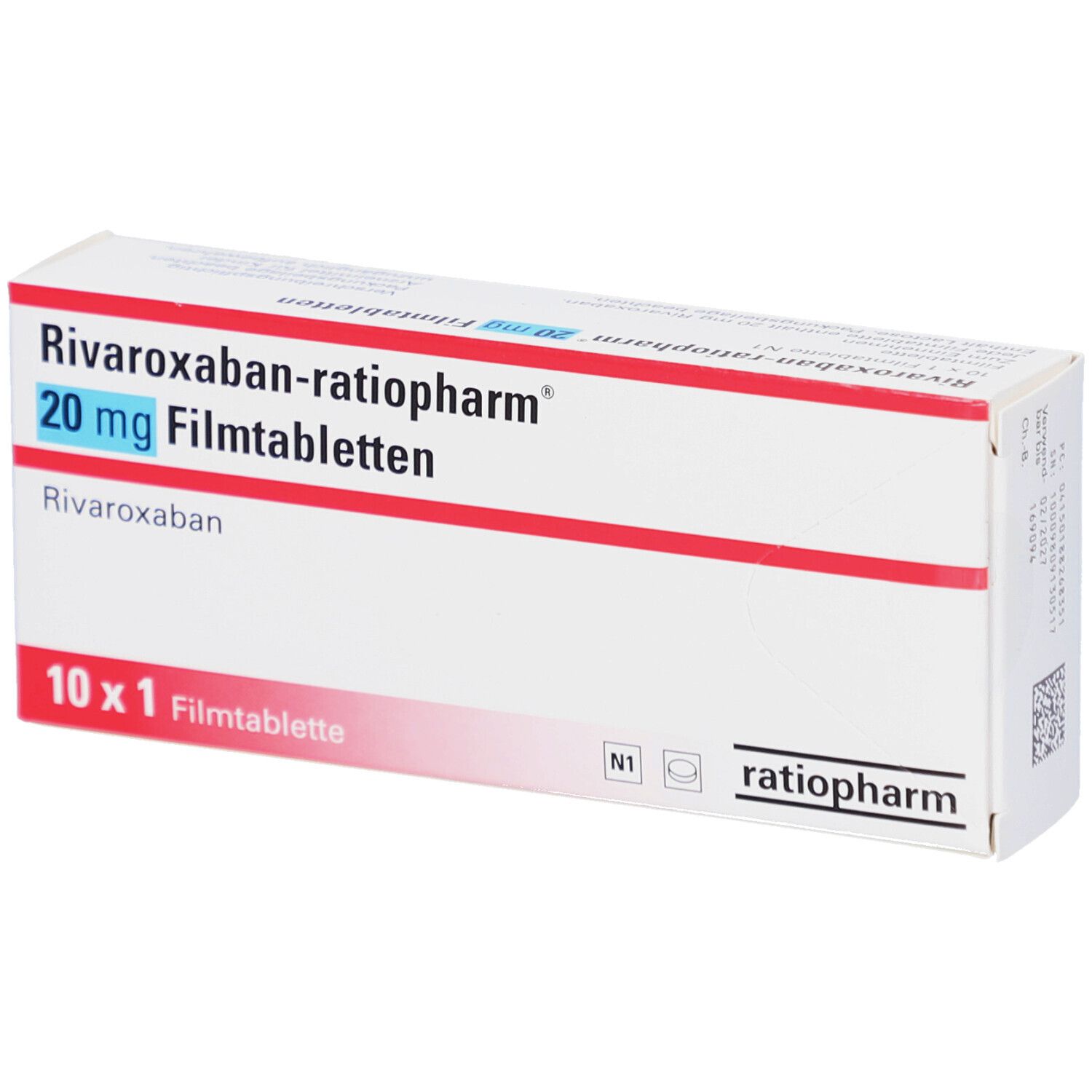 Verpackung von Rivaroxaban-ratiopharm 20 mg Filmtabletten. Weiße Schachtel mit roter und blauer Schrift. Enthält 10 Tabletten. ratiopharm Logo.