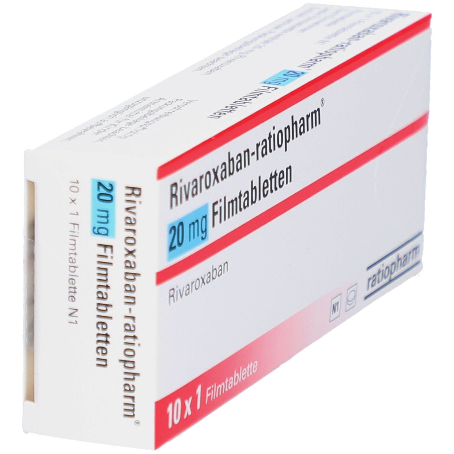 Schachtel Rivaroxaban-ratiopharm 20 mg Filmtabletten. Weiße Schachtel mit roter Schrift. Enthält 10 Tabletten. ratiopharm Logo. Ansicht von oben.