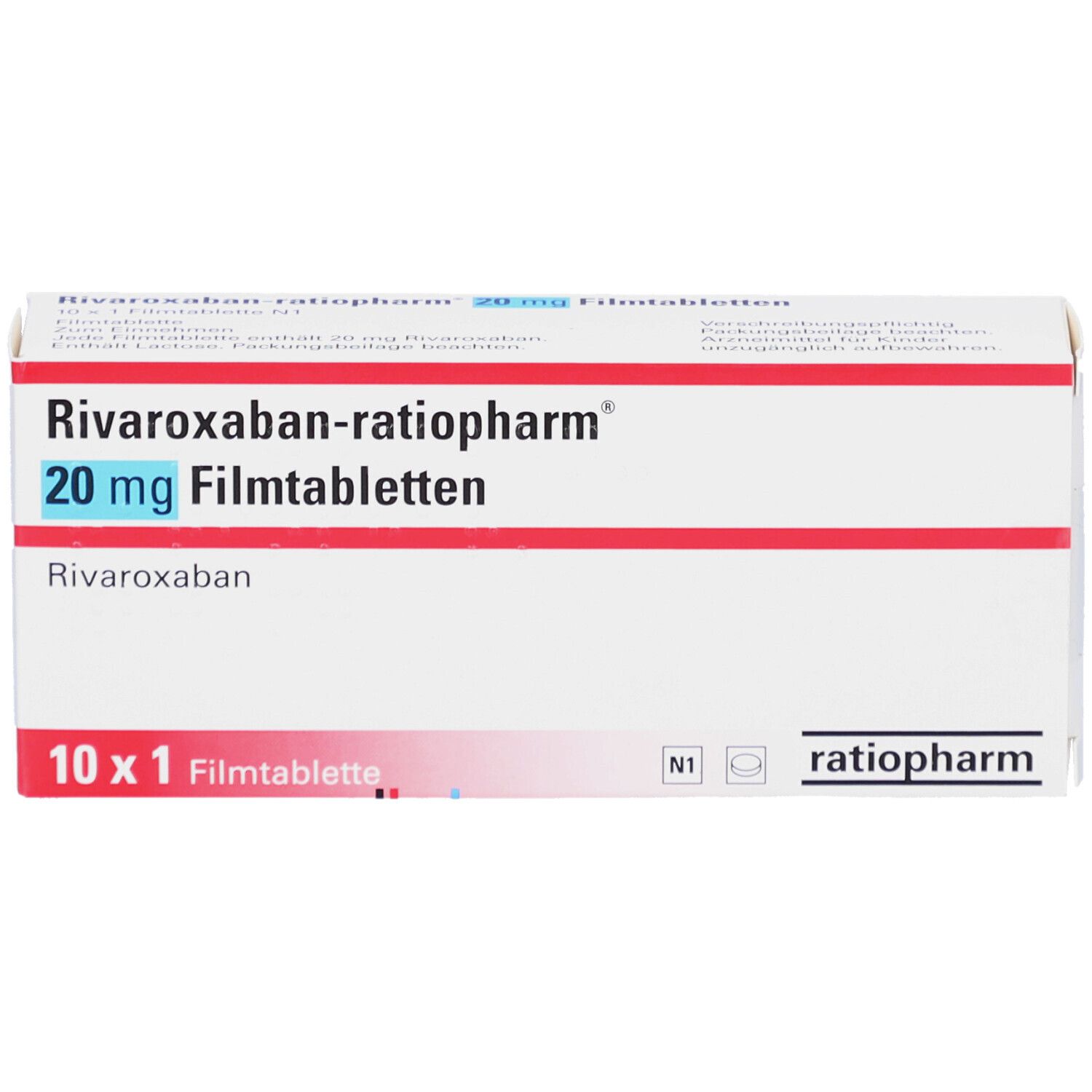 Verpackung von Rivaroxaban-ratiopharm 20 mg Filmtabletten. Weiße Schachtel mit roter und blauer Schrift. Enthält 10 Tabletten. ratiopharm Logo.