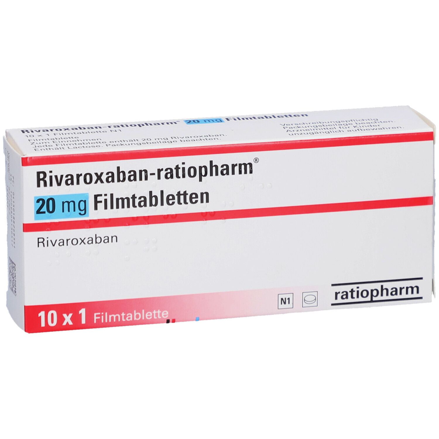 Verpackung von Rivaroxaban-ratiopharm 20 mg Filmtabletten. Weiße Schachtel mit roter und blauer Schrift. Enthält 10 Tabletten. ratiopharm Logo.