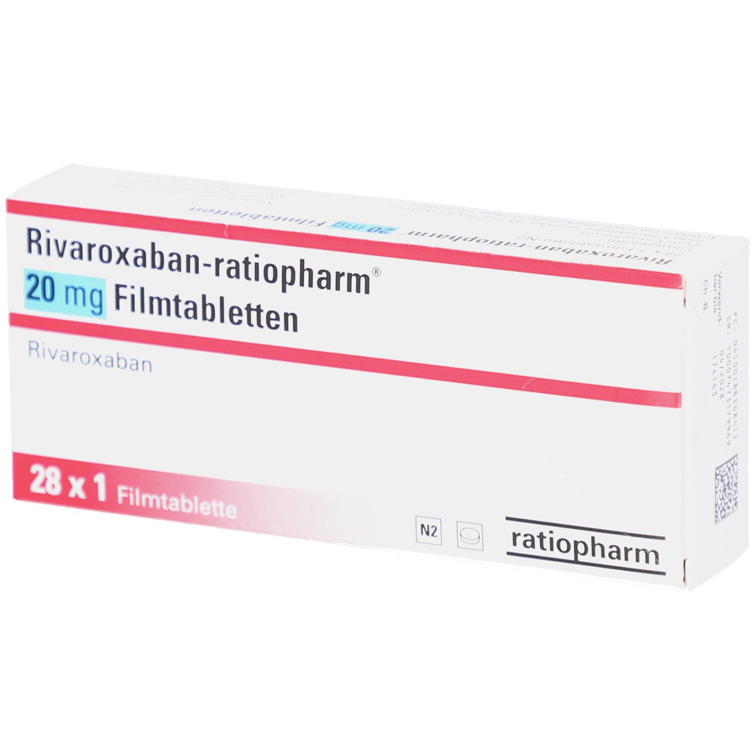 RIVAROXABAN-ratiopharm 20 mg Filmtabletten-Packung. Weiße Schachtel mit roter und blauer Schrift. Enthält 28 Tabletten.