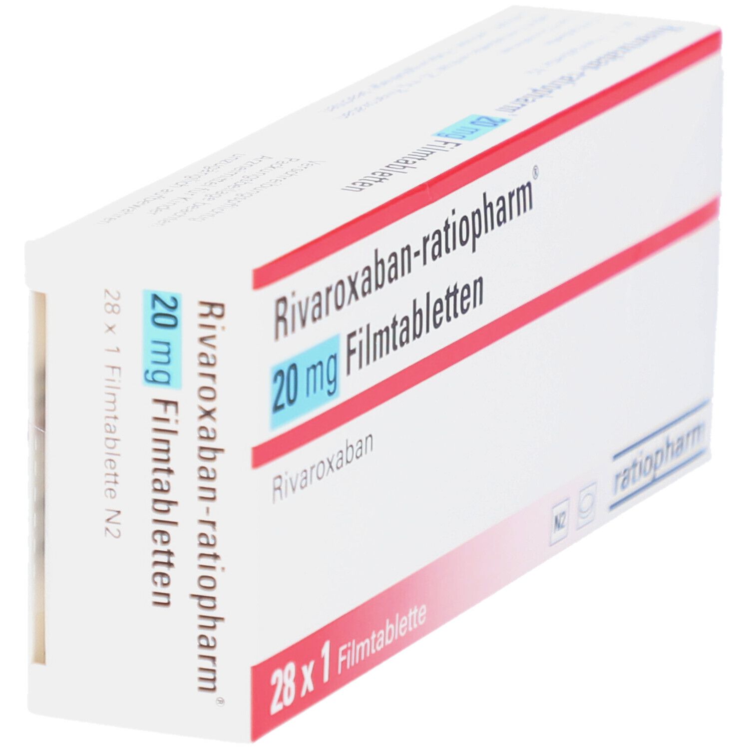 Schrägansicht der RIVAROXABAN-ratiopharm 20 mg Filmtabletten-Packung. Weiße Schachtel mit roter und blauer Schrift. 28 Tabletten.
