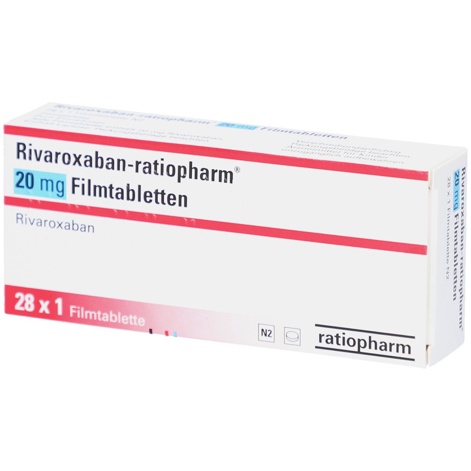 RIVAROXABAN-ratiopharm 20 mg Filmtabletten-Packung. Weiße Schachtel mit roter und blauer Schrift. Enthält 28 Tabletten.