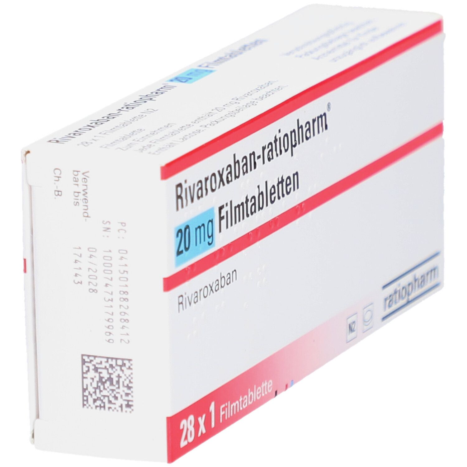 Schrägansicht der RIVAROXABAN-ratiopharm 20 mg Filmtabletten-Packung. Weiße Schachtel mit roter und blauer Schrift. 28 Tabletten.