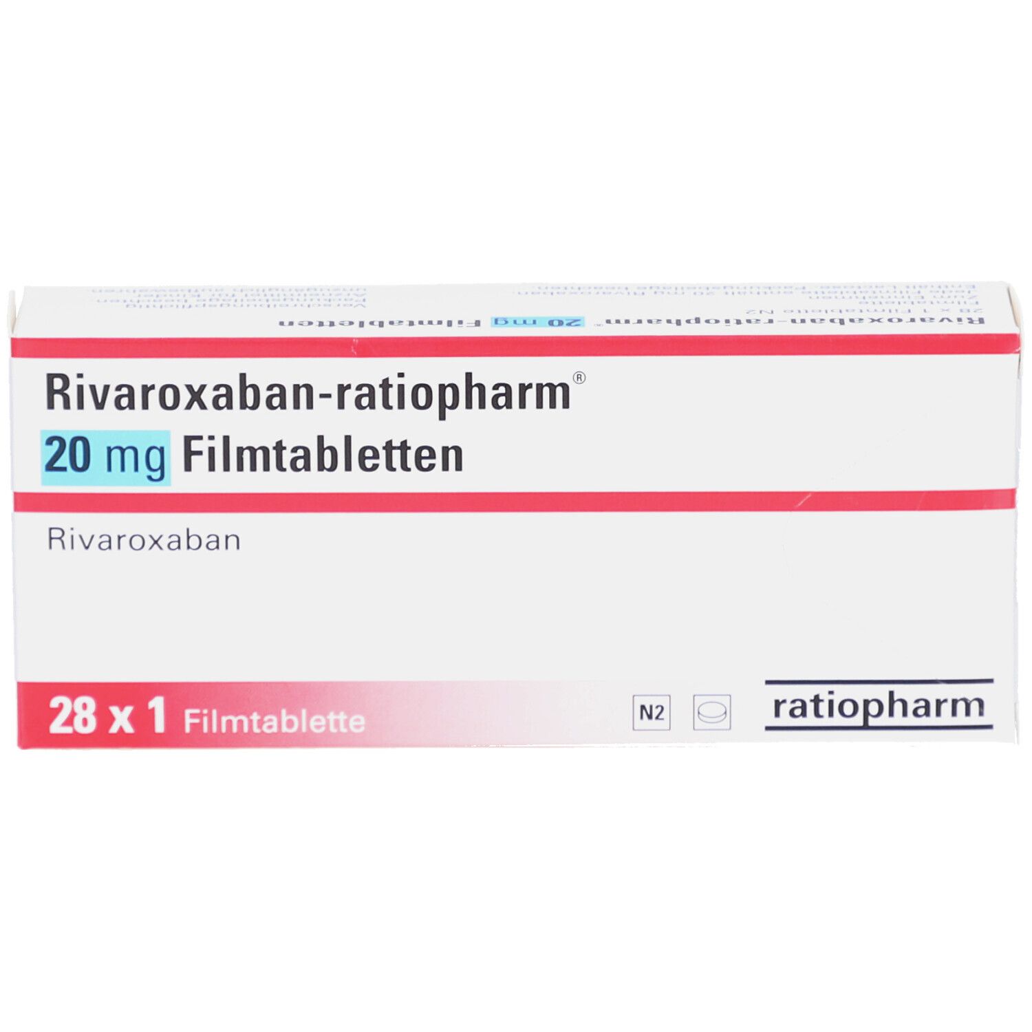 RIVAROXABAN-ratiopharm 20 mg Filmtabletten-Packung. Weiße Schachtel mit roter und blauer Schrift. Enthält 28 Tabletten.
