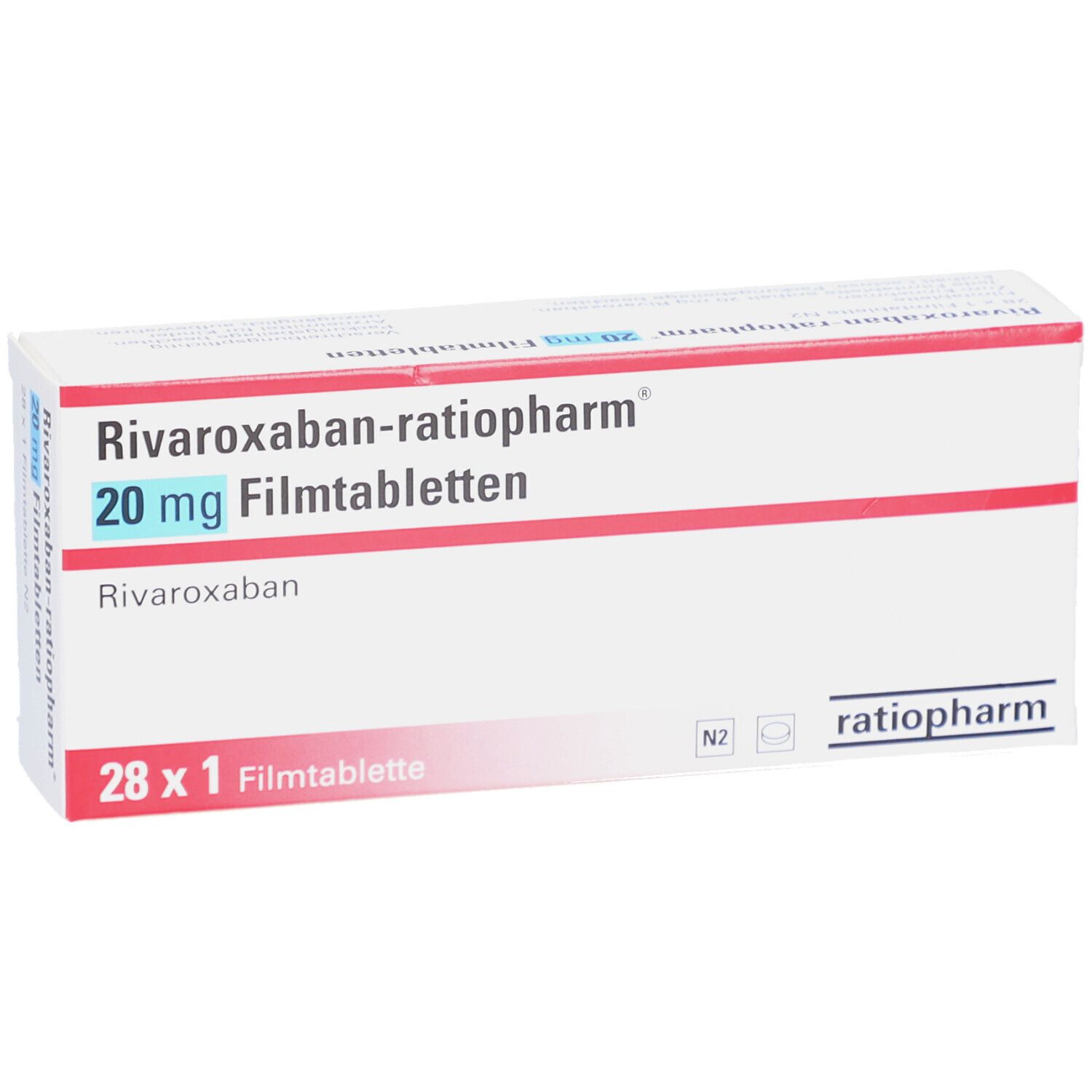 RIVAROXABAN-ratiopharm 20 mg Filmtabletten-Packung. Weiße Schachtel mit roter und blauer Schrift. Enthält 28 Tabletten.