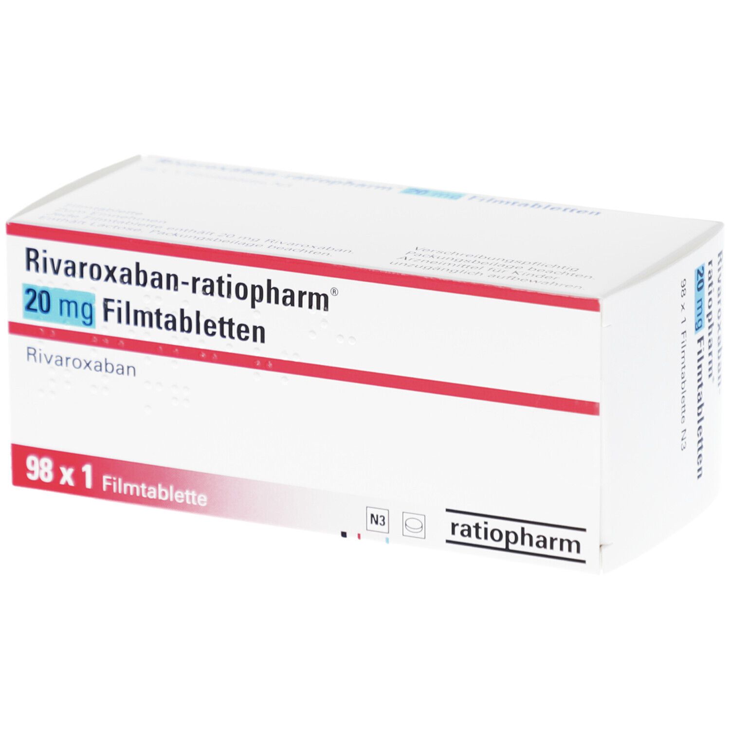 Schachtel mit RIVAROXABAN-ratiopharm 20 mg Filmtabletten. Weiße Schachtel mit roter und blauer Schrift. Enthält 98 Tabletten.