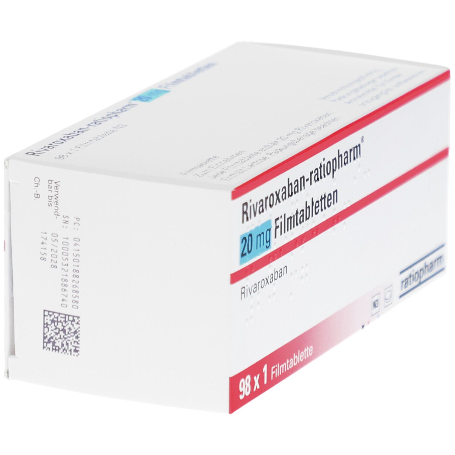 Schachtel mit RIVAROXABAN-ratiopharm 20 mg Filmtabletten. Weiße Schachtel mit roter und blauer Schrift. Enthält 98 Tabletten. QR-Code.