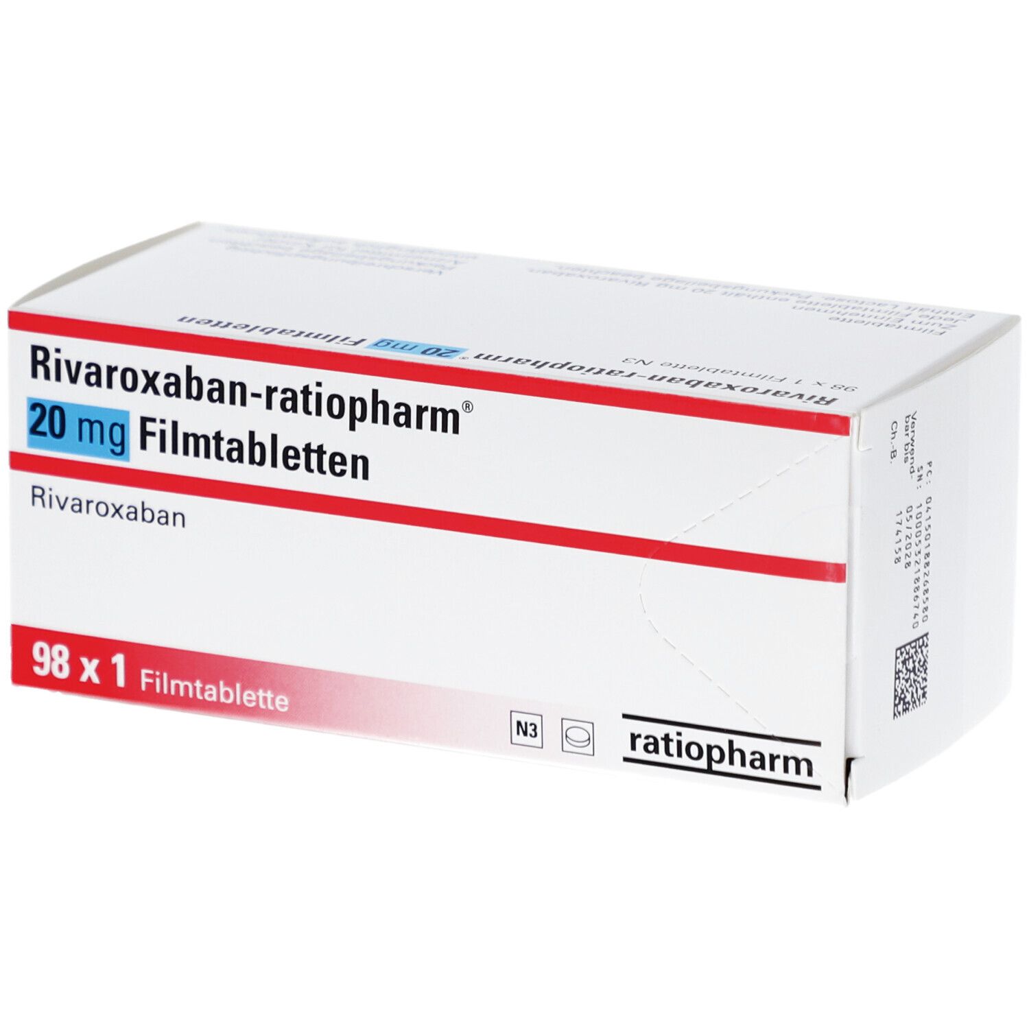 Schachtel mit RIVAROXABAN-ratiopharm 20 mg Filmtabletten. Weiße Schachtel mit roter und blauer Schrift. Enthält 98 Tabletten.