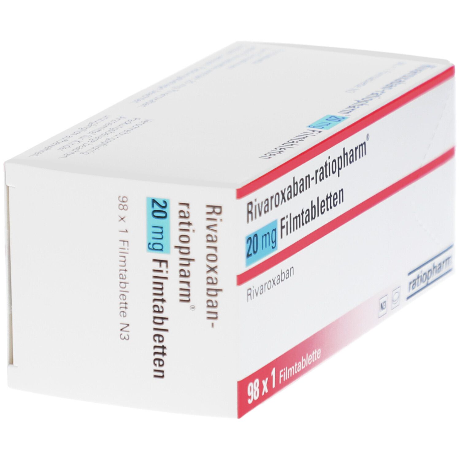 Schachtel mit RIVAROXABAN-ratiopharm 20 mg Filmtabletten. Weiße Schachtel mit roter und blauer Schrift. Enthält 98 Tabletten.