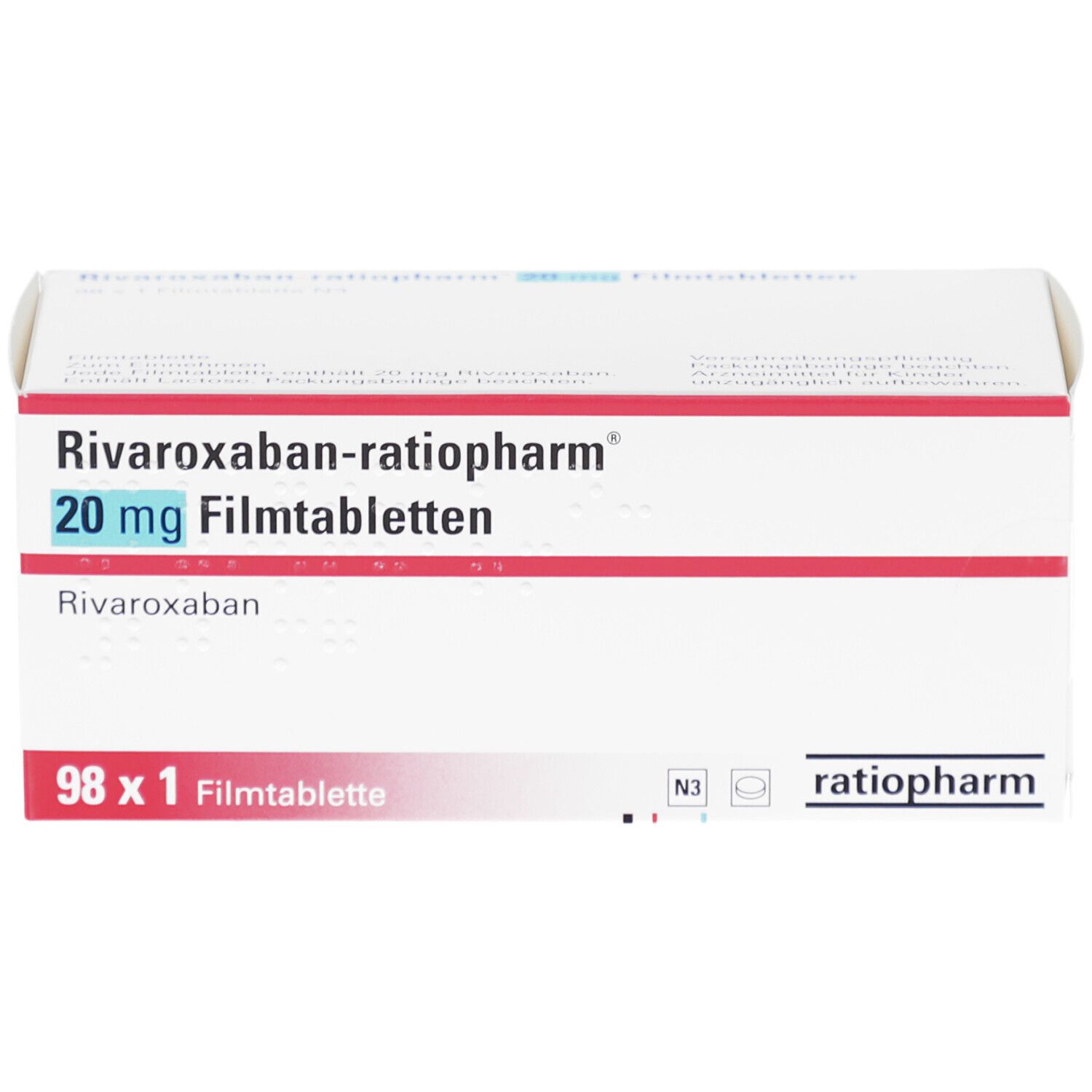 Schachtel mit RIVAROXABAN-ratiopharm 20 mg Filmtabletten. Weiße Schachtel mit roter und blauer Schrift. Enthält 98 Tabletten.