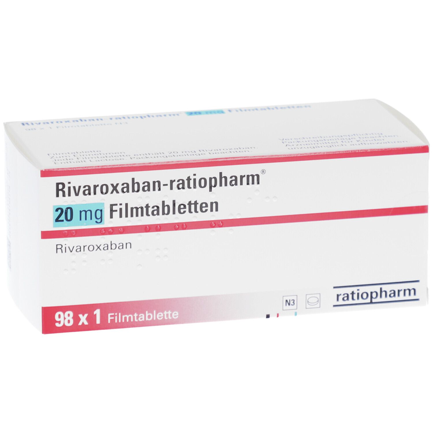 Schachtel mit RIVAROXABAN-ratiopharm 20 mg Filmtabletten. Weiße Schachtel mit roter und blauer Schrift. Enthält 98 Tabletten.