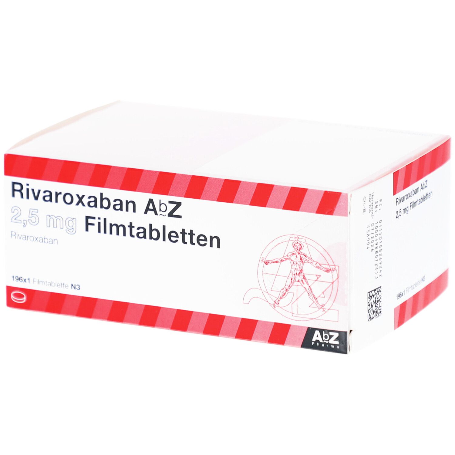 Weißer Karton mit rotem Streifenmuster. Aufschrift: Rivaroxaban AbZ 2,5 mg Filmtabletten. AbZ Pharma Logo.