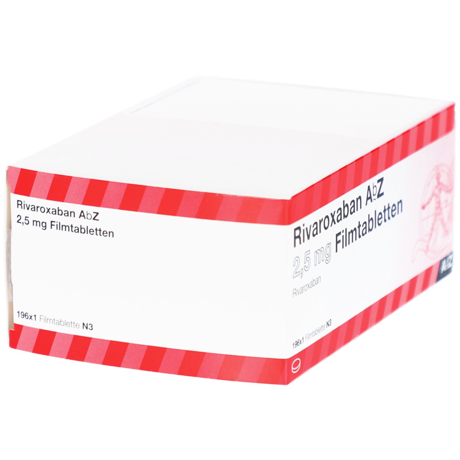 Weißer Karton mit rotem Streifenmuster. Aufschrift: Rivaroxaban AbZ 2,5 mg Filmtabletten. AbZ Pharma Logo.