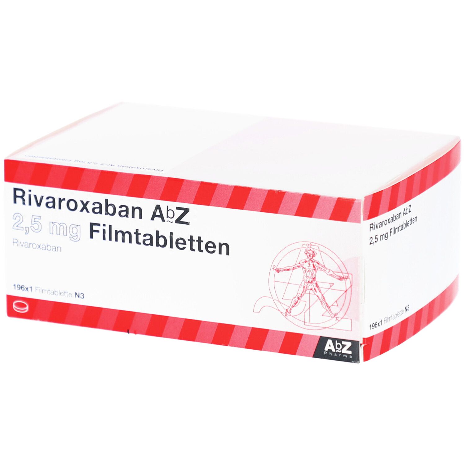 Weißer Karton mit rotem Streifenmuster. Aufschrift: Rivaroxaban AbZ 2,5 mg Filmtabletten. AbZ Pharma Logo.