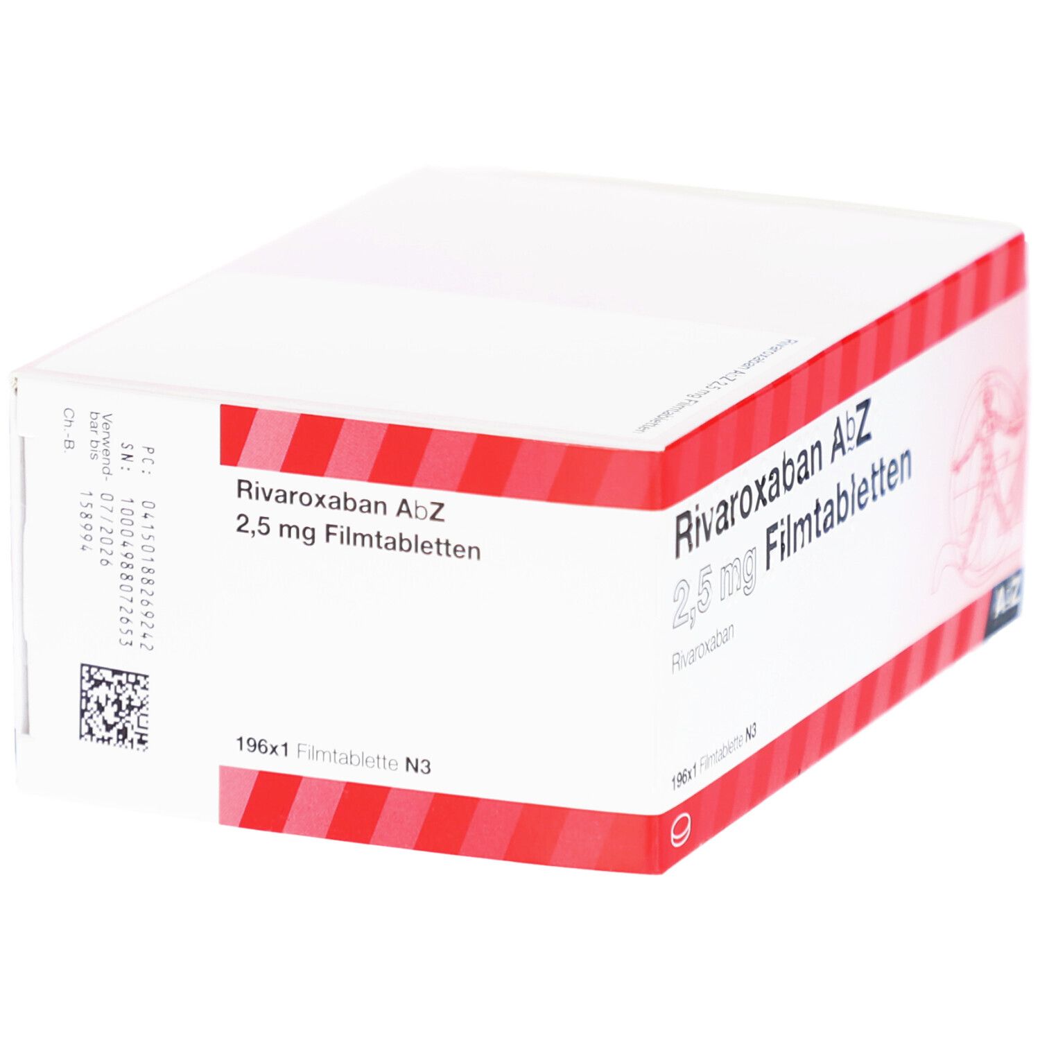 Weißer Karton mit rotem Streifenmuster. Aufschrift: Rivaroxaban AbZ 2,5 mg Filmtabletten. AbZ Pharma Logo.