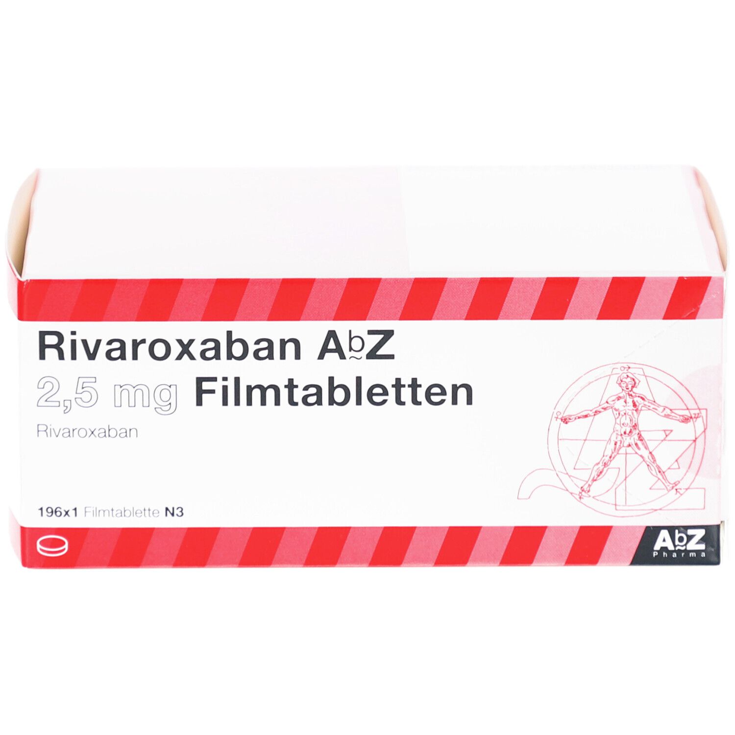 Weißer Karton mit rotem Streifenmuster. Aufschrift: Rivaroxaban AbZ 2,5 mg Filmtabletten. AbZ Pharma Logo.