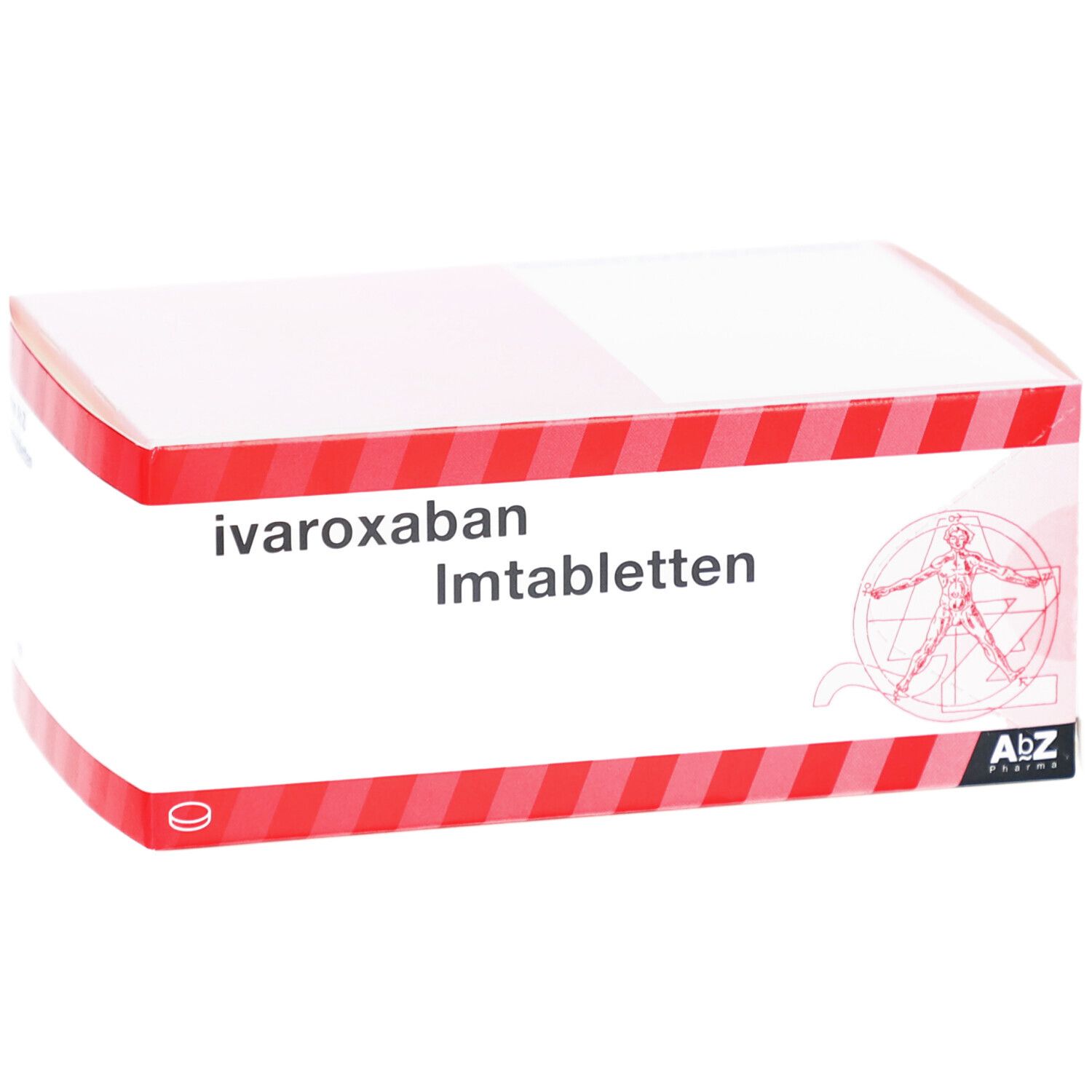 Weißer Karton mit rotem Streifenmuster. Aufschrift: Ivaroxaban Filmtabletten. AbZ Pharma Logo.