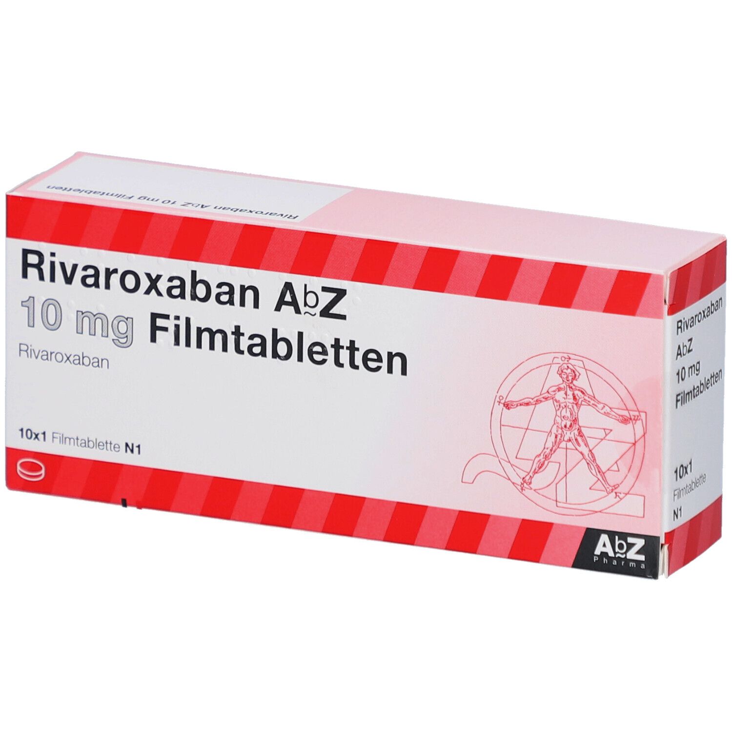 Schachtel mit "Rivaroxaban AbZ 10 mg Filmtabletten". Rote und weiße Verpackung. AbZ Pharma Logo.
