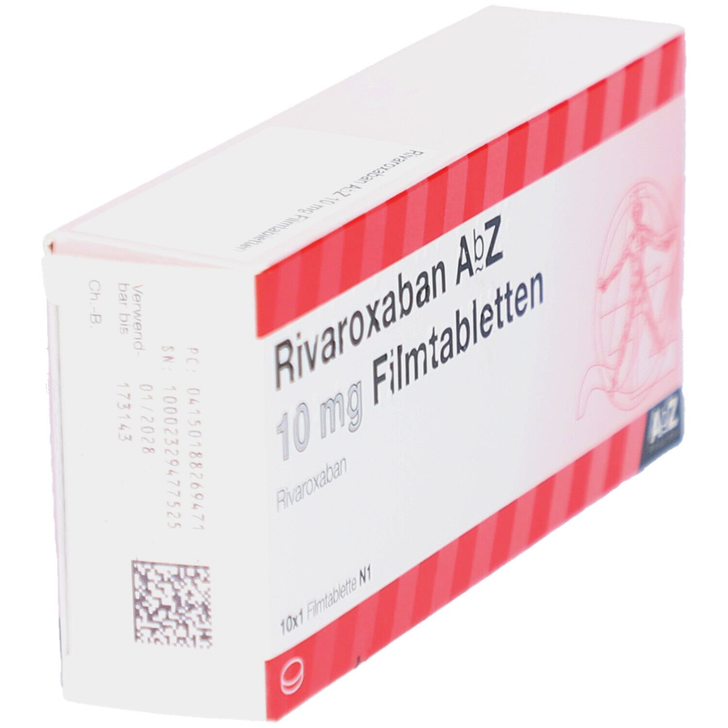 Schachtel "Rivaroxaban AbZ 10 mg Filmtabletten". Weiße Schachtel mit roten Streifen. Text und Logo.