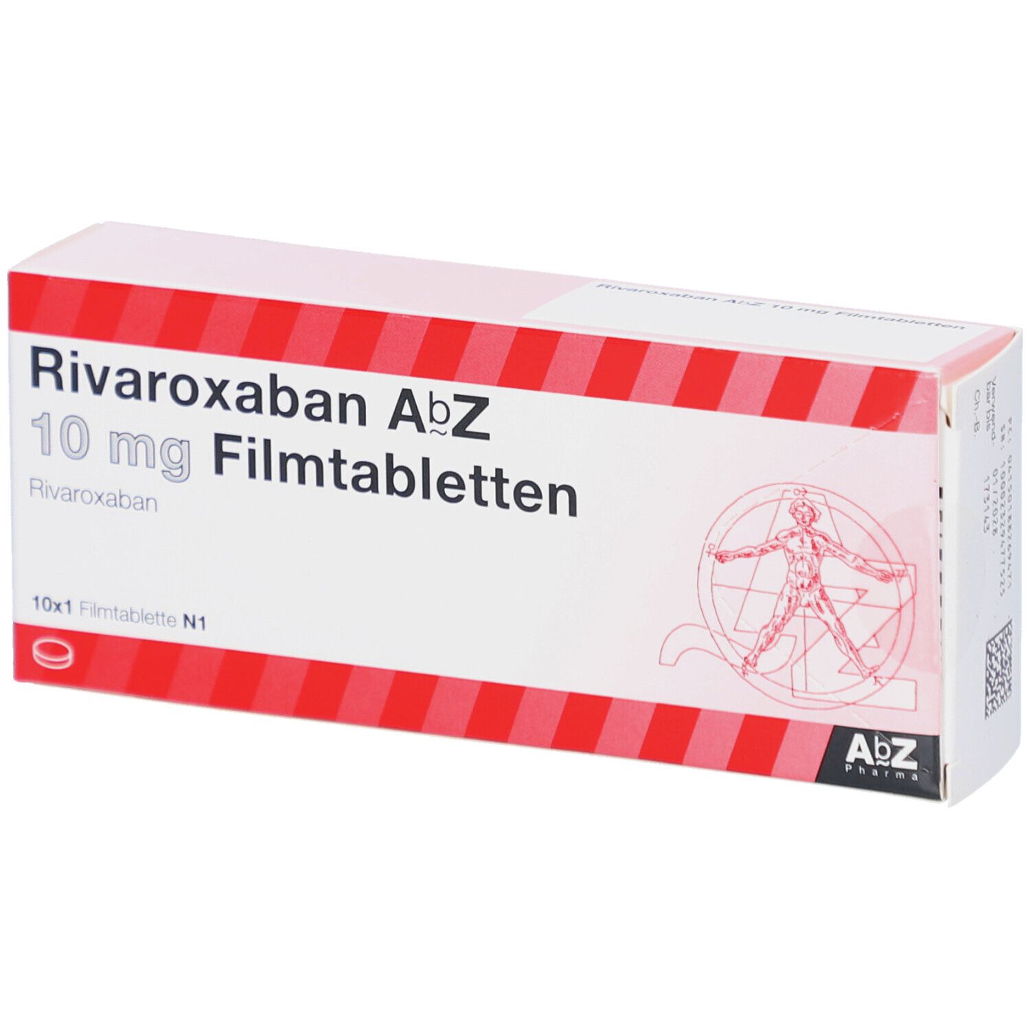 Schachtel "Rivaroxaban AbZ 10 mg Filmtabletten". Rote und weiße Verpackung. AbZ Pharma Logo.